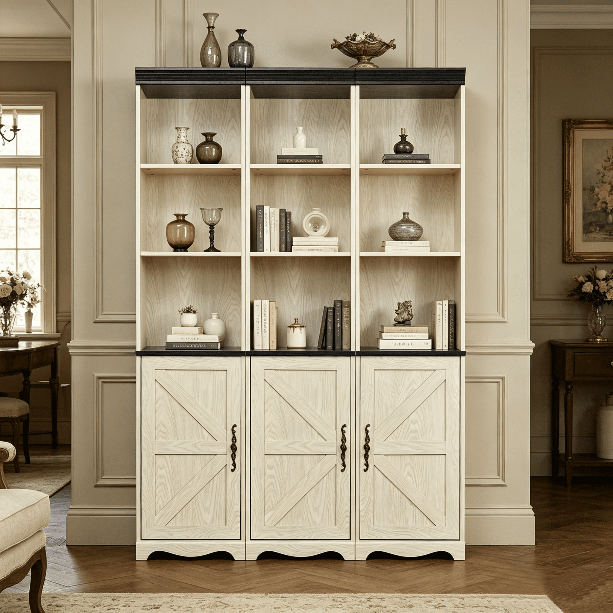 71" 3 Pcs Combined Storage Bookshelf Cabinet, 3 Tier Bookcase with Adjustable Shelf and Closed Cabinets