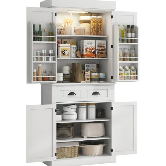 71.3"h Kitchen Pantry With Motion Sensor - 6 Door Shelves, Drawer, 4 Adjustable Shelves White For Attractive Living, Dining Room Arrangement Cabinet, 71" And Resilient Storage Drawer &