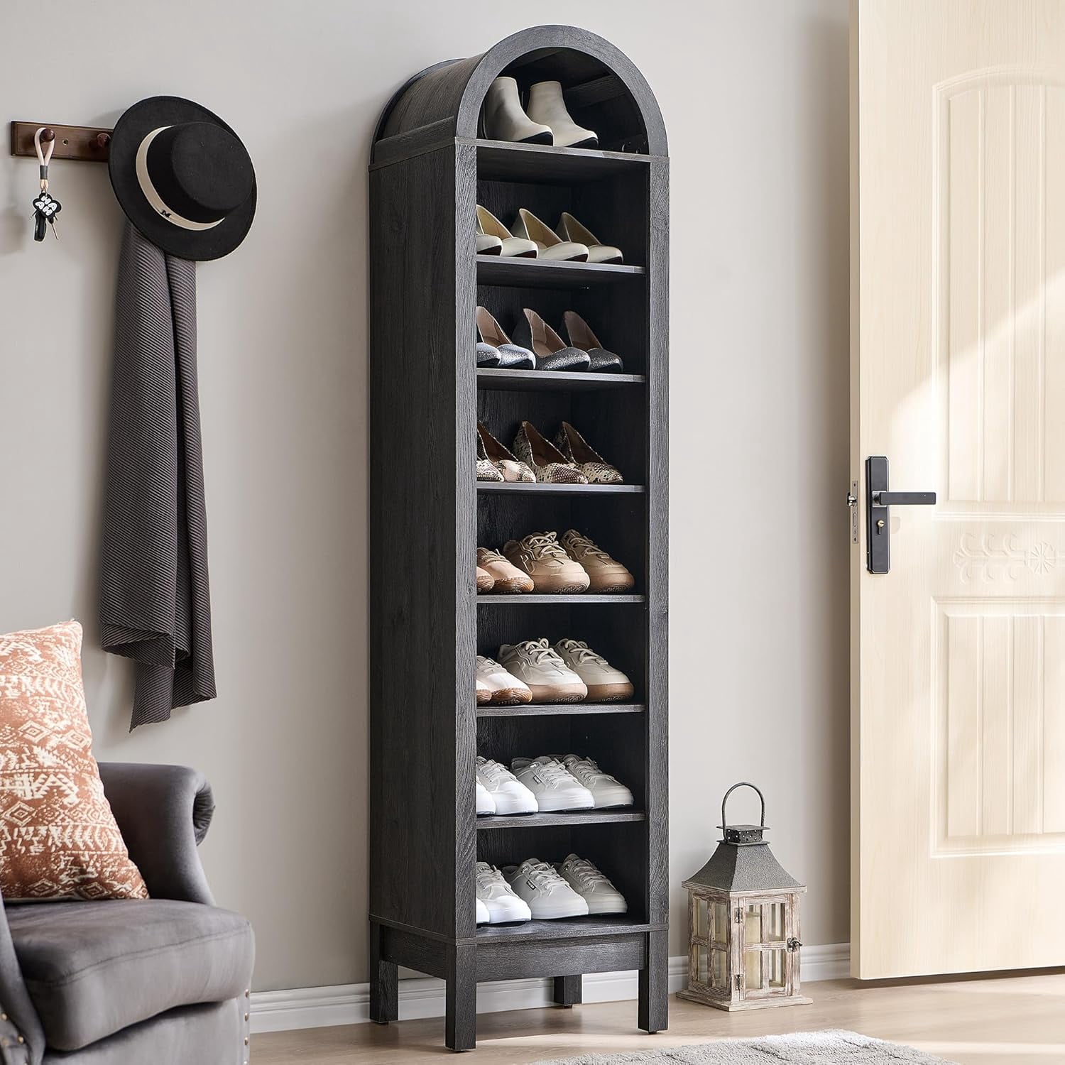 71" Tall Arched Shoe Storage Cabinet 7 Tiers 28 Pairs Wooden Shoe with 3 Adjustable Shelves ...