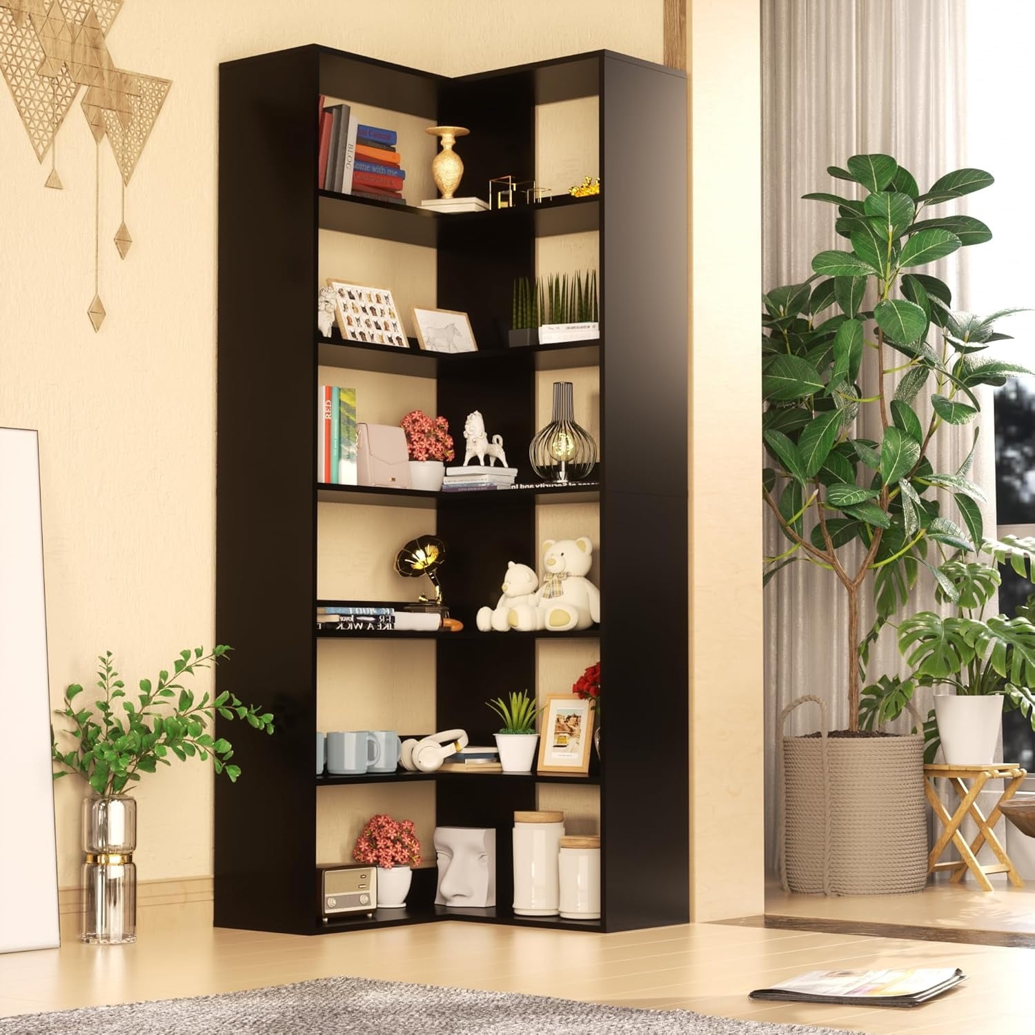 71" Tall White Corner Bookshelf 6 Tier LShape Corner Shelf Stand