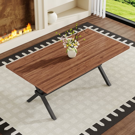 71 * 35.4 Inch Walnut MDF Splicing Desktop with X-shaped Metal Frame Dining Table. Modern Industrial Style Multifunctional Dining Table for Household