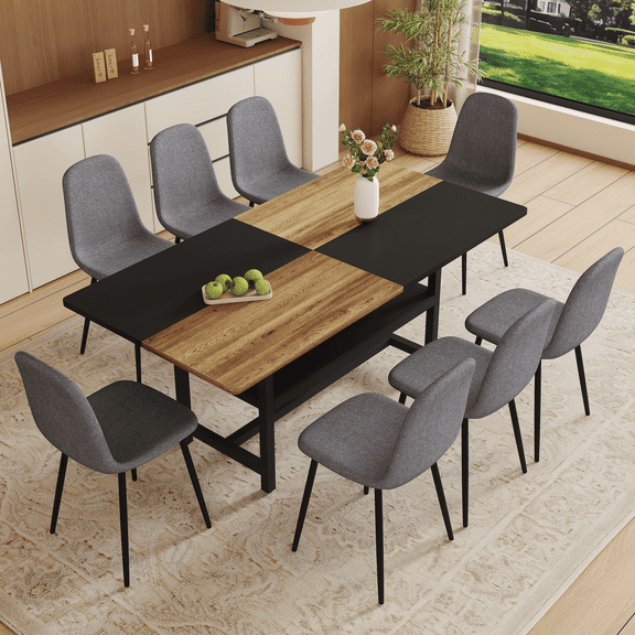 71*35.4 inch Wooden And Black Spliced Dining Table With Storage Function In The Middle Of The Table Legs.Paired With 8 Chairs Made Of Dark Gray Lnen Fabric.Iron pipe spraying Legs.
