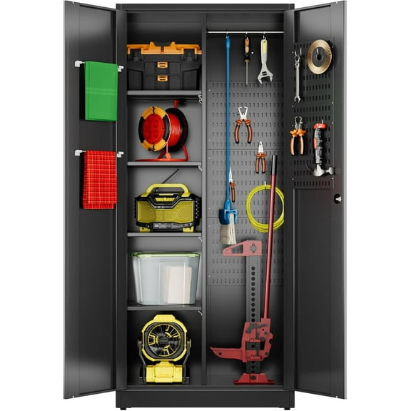 71.37" H Broom Closet Storage Cabinet with Towel Hangles and Adjustable Shelves,Metal Tool Cabinets with Pegboard and Hooks for Garage Laundry Room Home Office,Required Assembly,Black