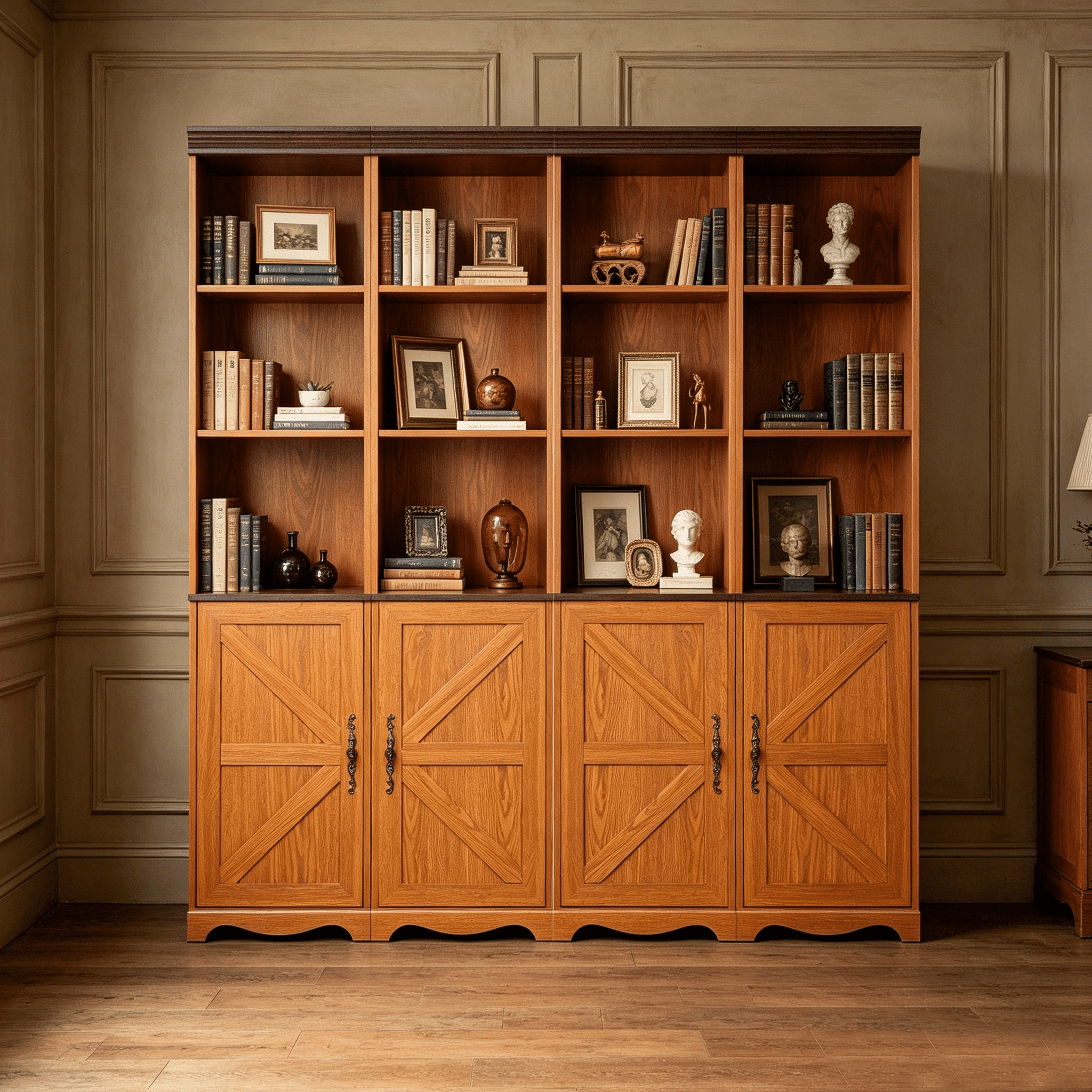 71" 4 Pcs Combined Storage Bookshelf Cabinet, 3 Tier Bookcase with Adjustable Shelf and Closed Cabinets