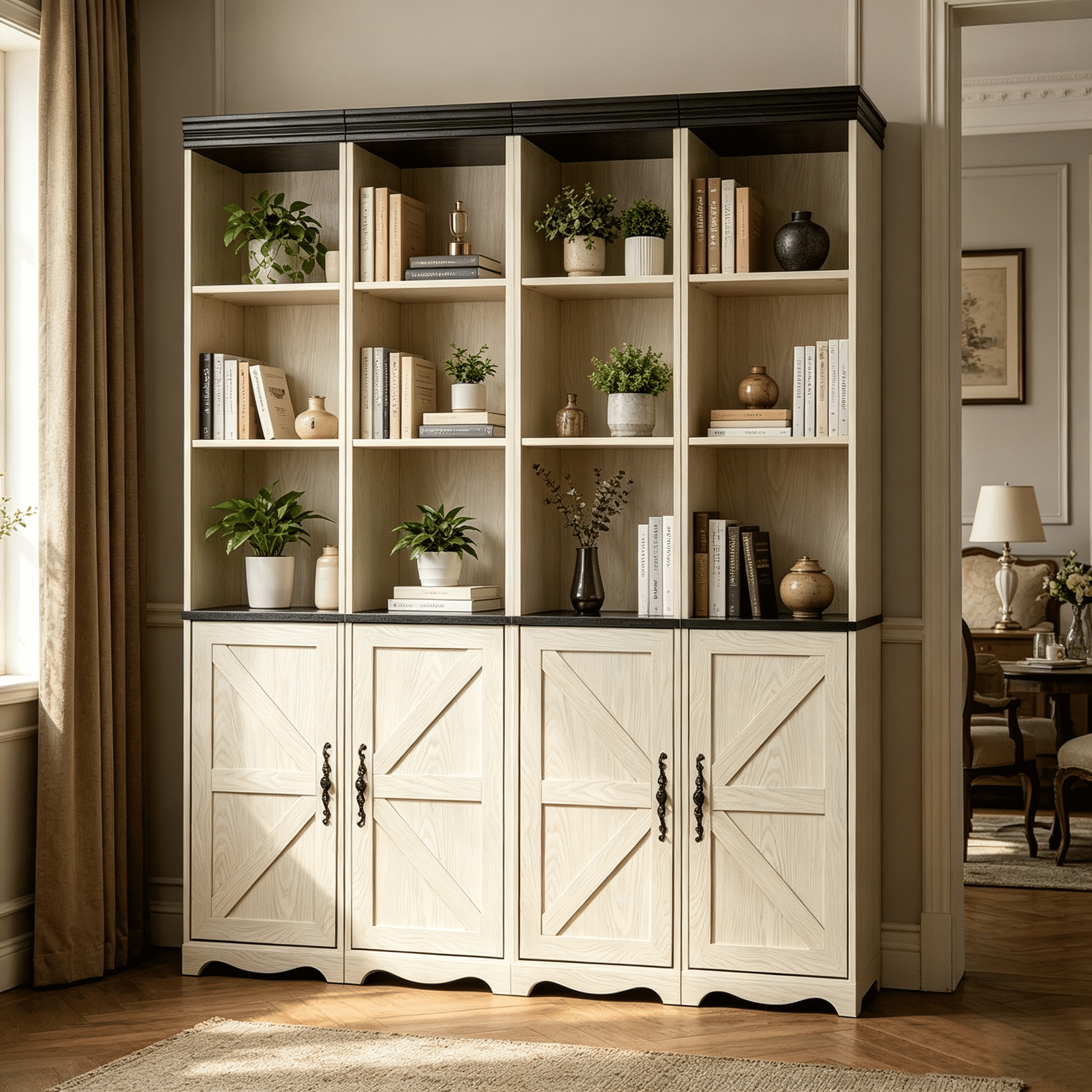 71" 4 Pcs Combined Storage Bookshelf Cabinet, 3 Tier Bookcase with Adjustable Shelf and Closed Cabinets