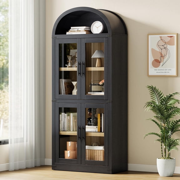 71.4” Tall Arched Bookshelf,Modern Farmhouse Bookcase with Glass Doors,Wooden Display Cabinet 15.83in Depth Display Storage Shelves Rounded Bookcases Versatile Bookshelf for Living Room,Bedroom