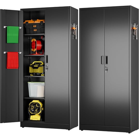 71.41" H Broom Closet Storage Cabinet with Towel Hangles and Adjustable Shelves,Metal Clean Tool Cabinet with Pegboard and Hooks for Garage Laundry Room Home Office,Required Assembly,Black