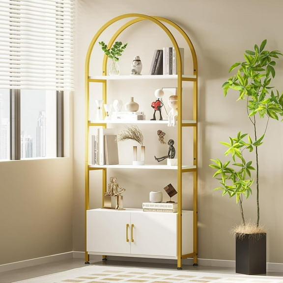71.5" Arched 4-Tier Bookshelf with Doors Storage Modern Gold Frame Open Bookcase for Living Room Bedroom Office, Gold