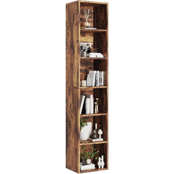 71.5" Tall Narrow Bookshelf, 6-Tier Cube Display Rack, Modern Corner Bookshelf with Storage Space, CD Storage Cabinet for Home Office (Brown 1 Pack, 6-Tier)
