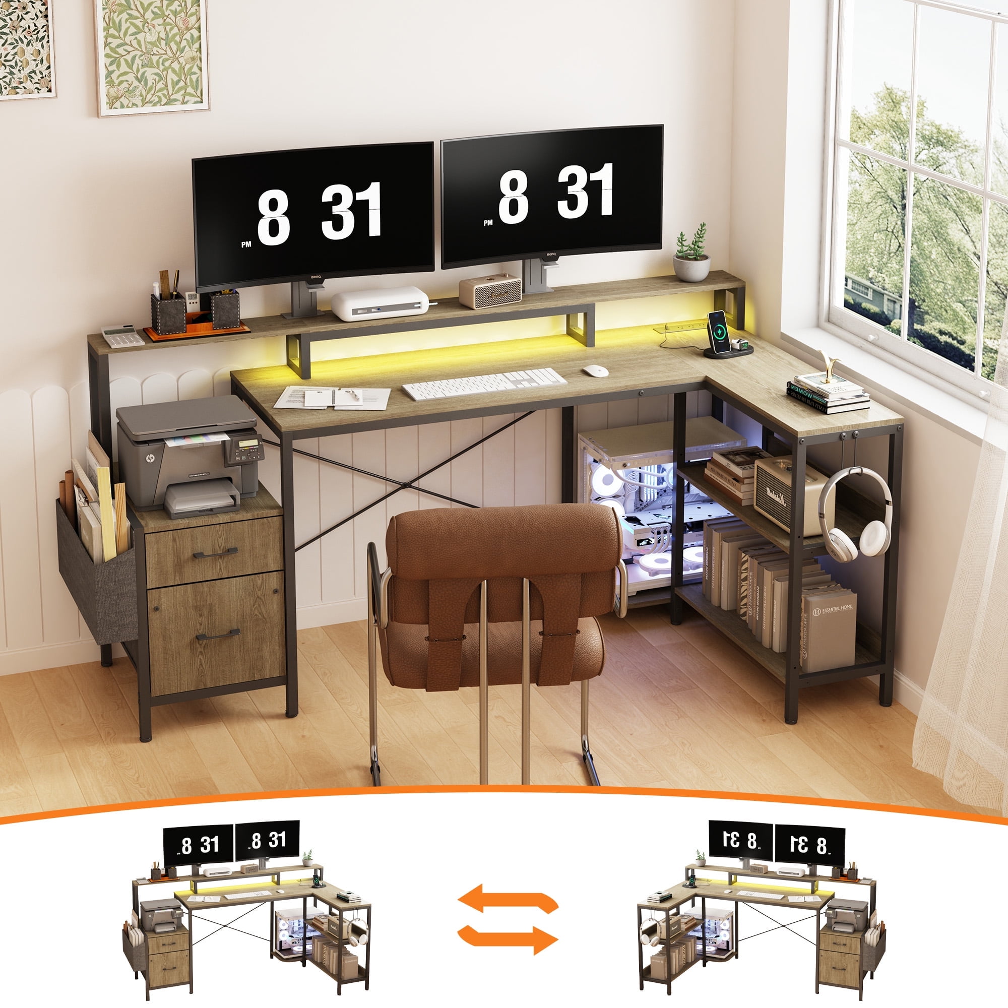 71.5 inch Computer Desk with Power Outlets, L Shaped LED Home Office ...