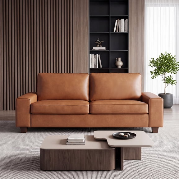 Poshby 71.25''W Faux Leather Loveseat 2 Seater Couch Sofa with Side Pockets for Living Room, Brown