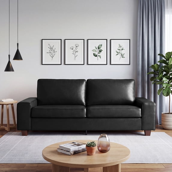 Poshby 71.25''W Faux Leather Loveseat 2 Seater Couch Sofa with Side Pockets for Living Room, Black