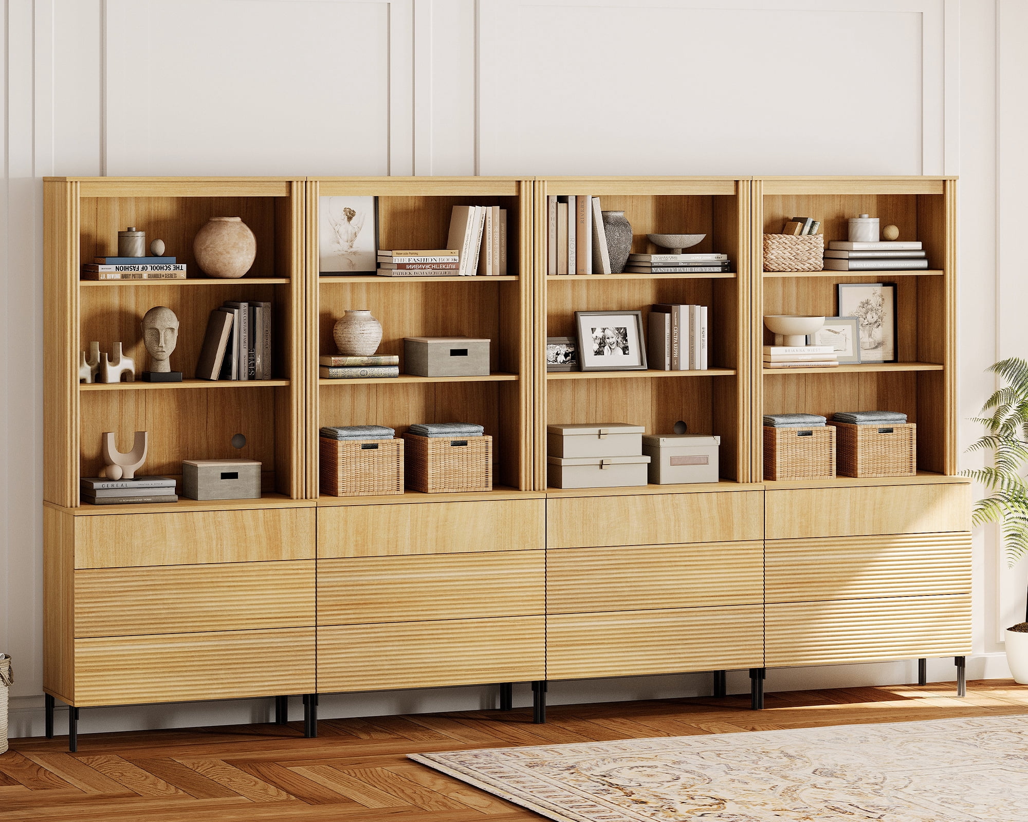 71.6"H X 126"W Set Of 4 Bookcase with Storage Cabinets, 12 Tier Bookshelf with Fluted Drawers and Adjustable Shelves, Large Modern Display Cabinet For Living Room Bedroom Home Office Kitchen