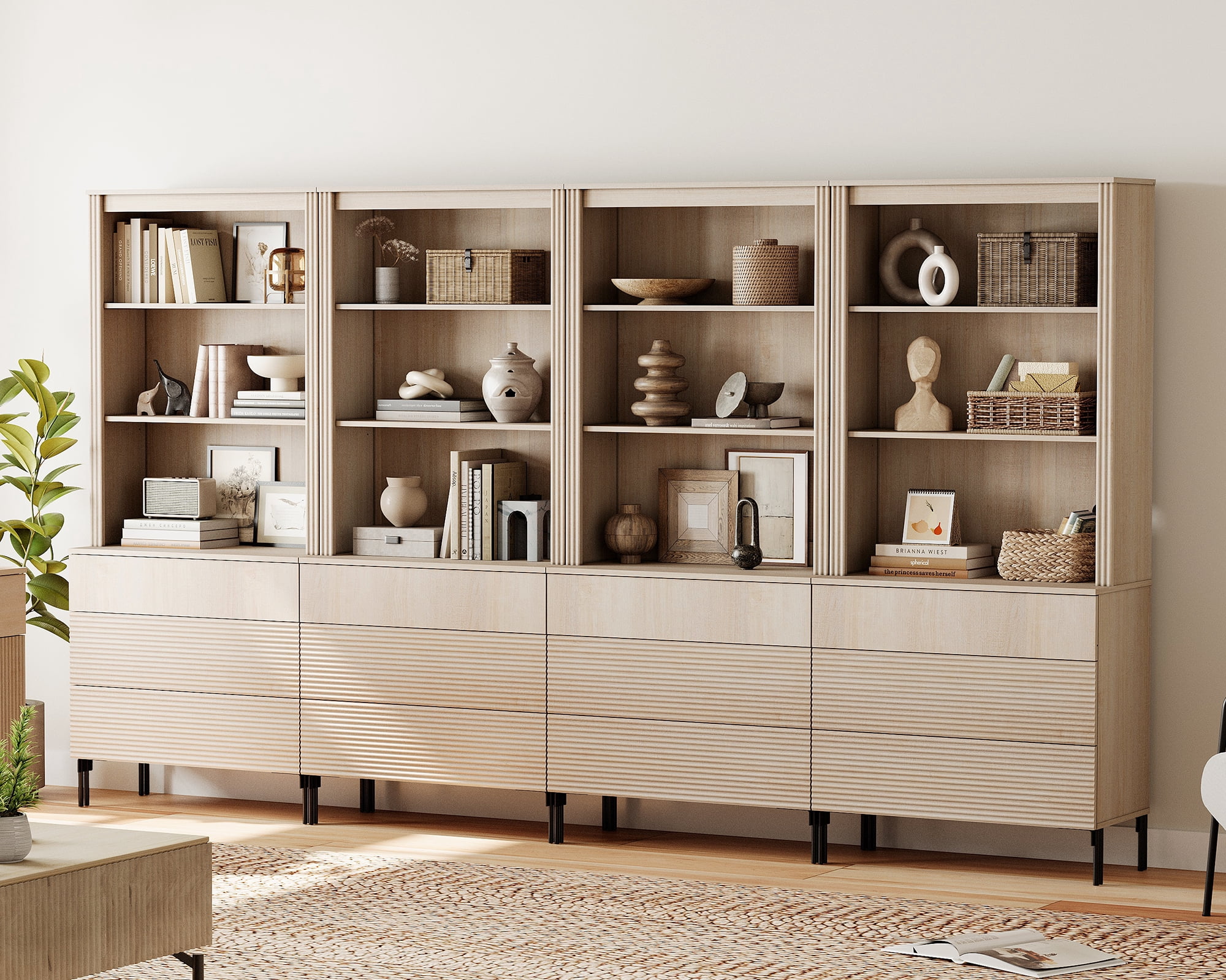 71.6"H X 126"W Set Of 4 Bookcase with Storage Cabinets, 12 Tier Bookshelf with Fluted Drawers and Adjustable Shelves, Large Modern Display Cabinet For Living Room Bedroom Home Office Kitchen