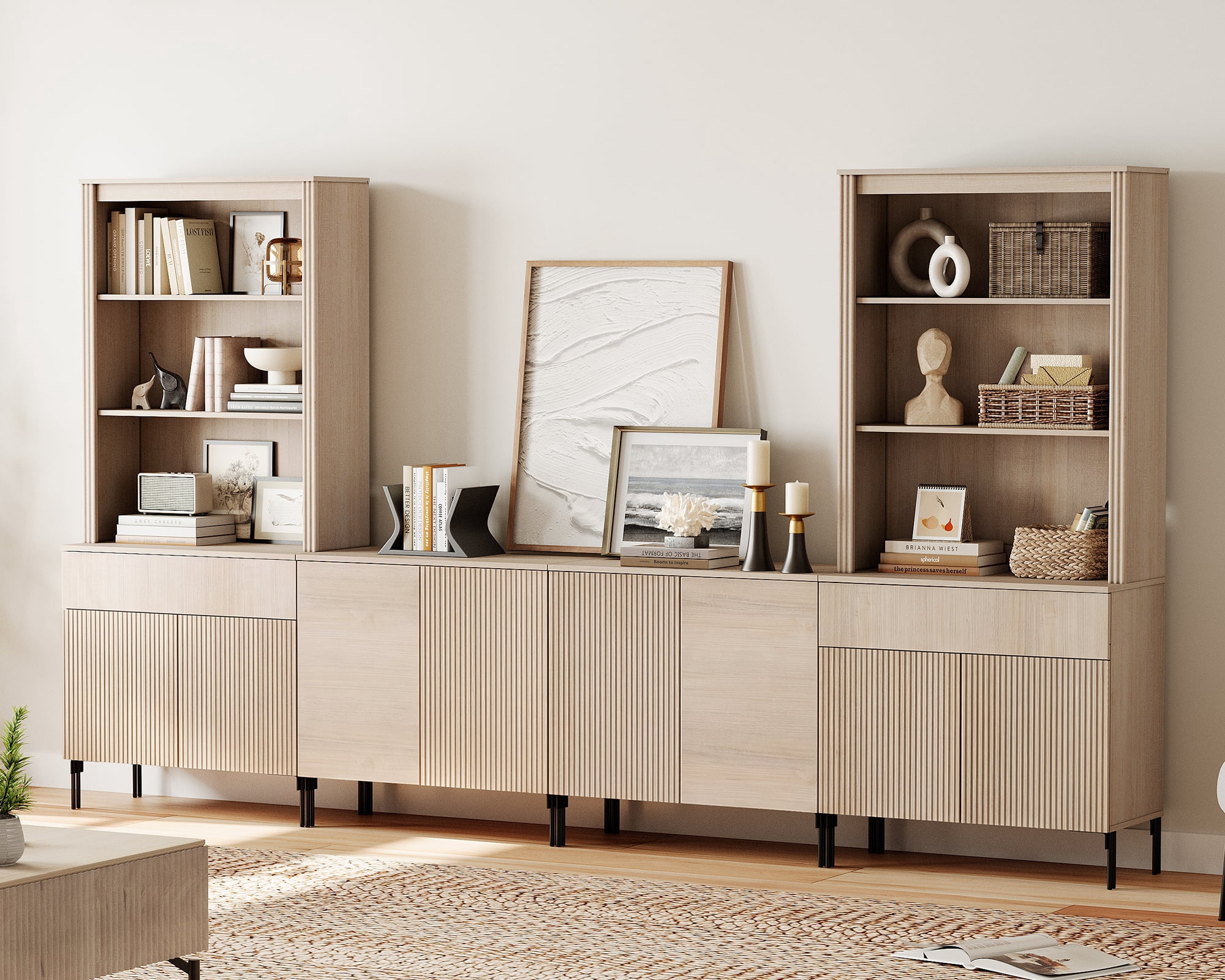 71.6"H X 126"W Set Of 4 Bookcase with Storage Cabinets, 14 Tier Bookshelf with Fluted Doors and Adjustable Shelves, Large Modern Display Cabinet with Drawers