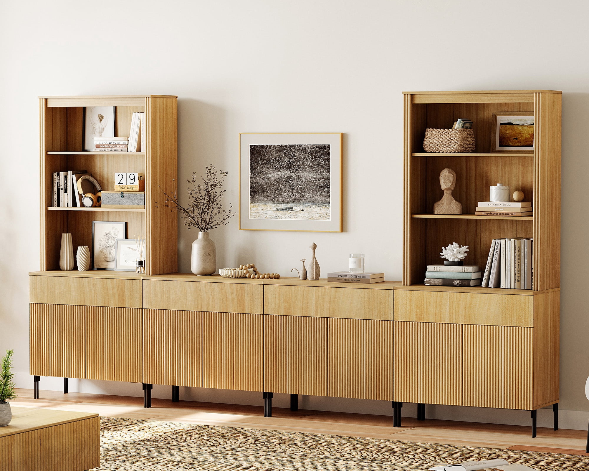 71.6"H X 126"W Set Of 4 Bookcase with Storage Cabinets, 14 Tier Bookshelf with Fluted Doors and Drawers, Large Modern Display Cabinet For Living Room Bedroom Home Office Kitchen