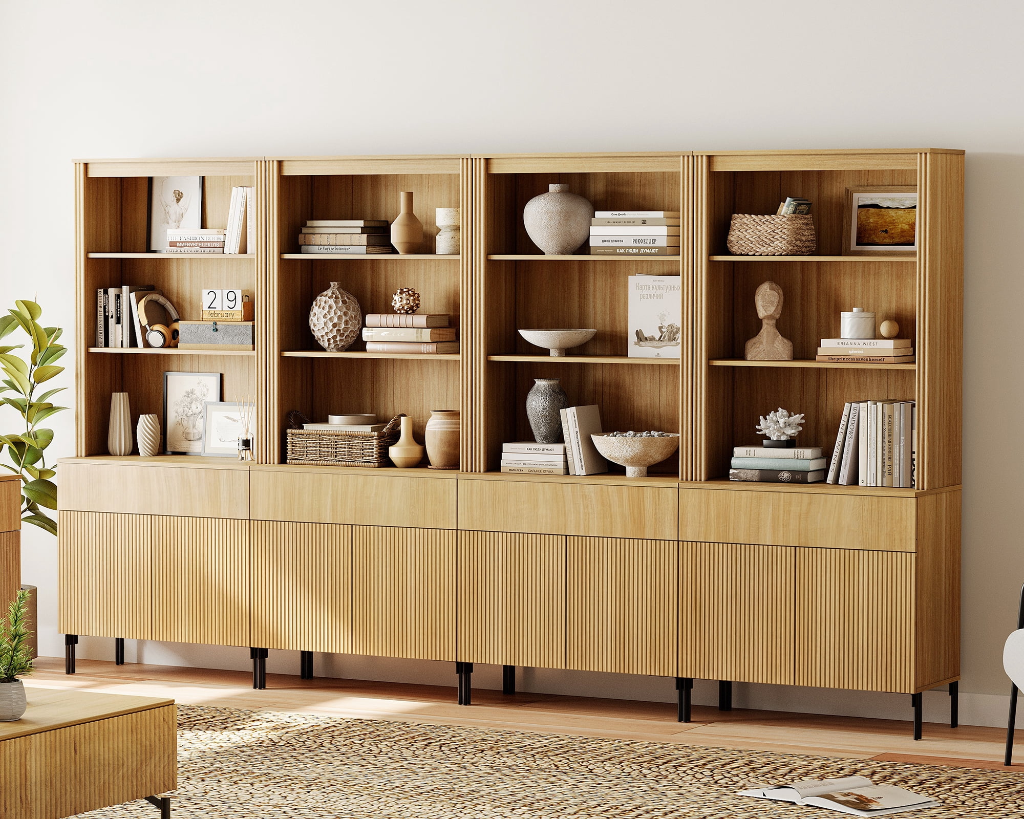 71.6"H X 126"W Set Of 4 Bookcase with Storage Cabinets, 20 Tier Bookshelf with Fluted Doors and Drawers, Large Modern Display Cabinet For Living Room Bedroom Home Office Kitchen