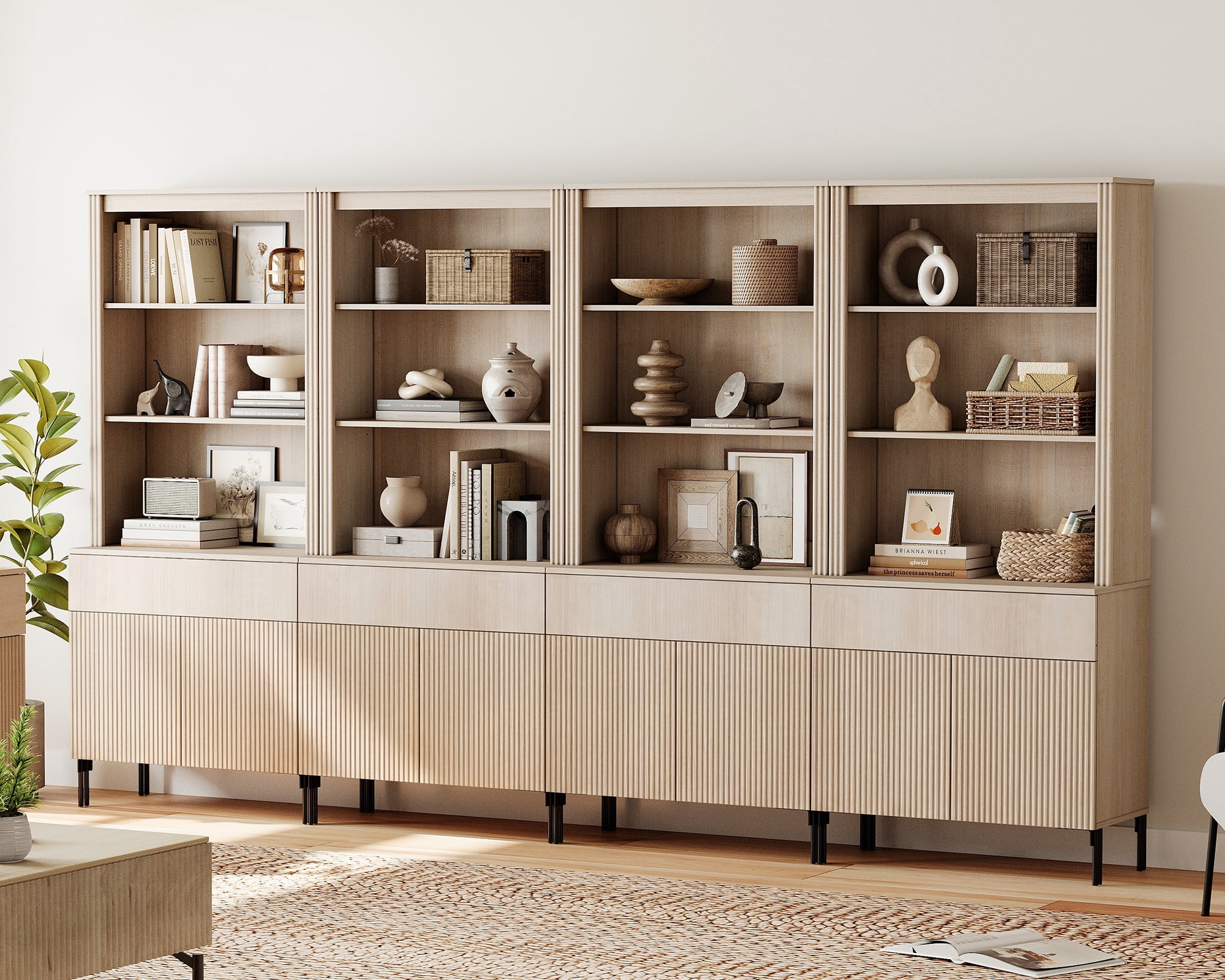 71.6"H X 126"W Set Of 4 Bookcase with Storage Cabinets, 20 Tier Bookshelf with Fluted Doors and Drawers, Large Modern Display Cabinet For Living Room Bedroom Home Office Kitchen