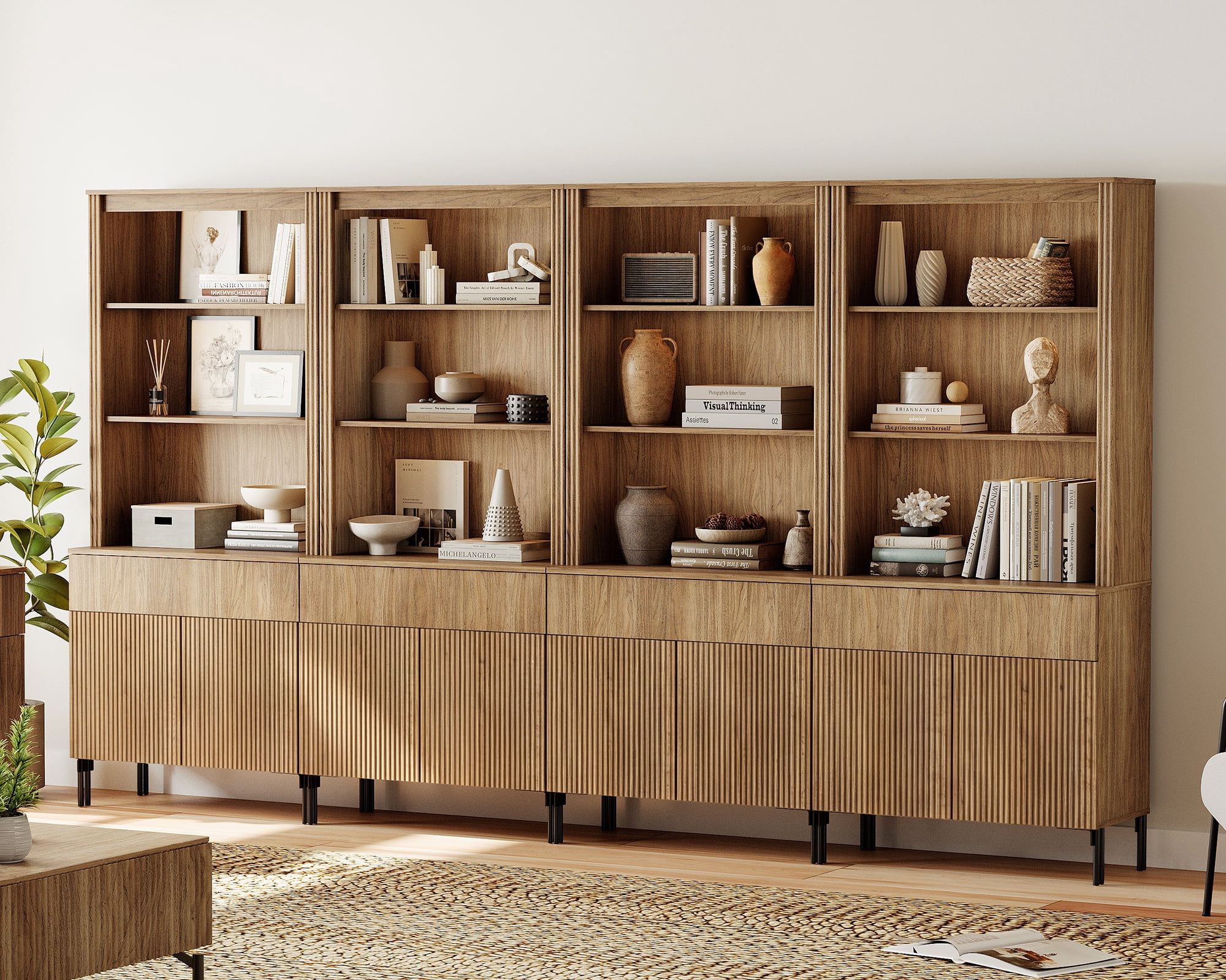 71.6"H X 126"W Set Of 4 Bookcase with Storage Cabinets, 20 Tier Bookshelf with Fluted Doors and Drawers, Large Modern Display Cabinet For Living Room Bedroom Home Office Kitchen