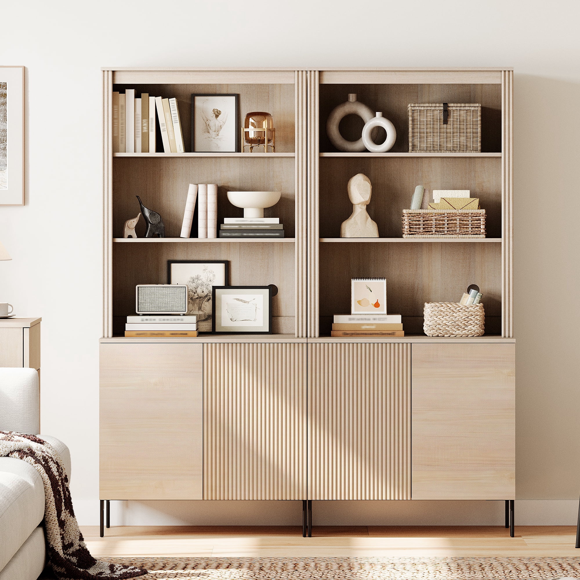 71.6"H X 60.4"W Set Of 2 Bookcase with Storage Cabinets, 10 Tier Bookshelf with Fluted Doors and Adjustable Shelves, Large Modern Display Cabinet For Living Room Bedroom Home Office Kitchen
