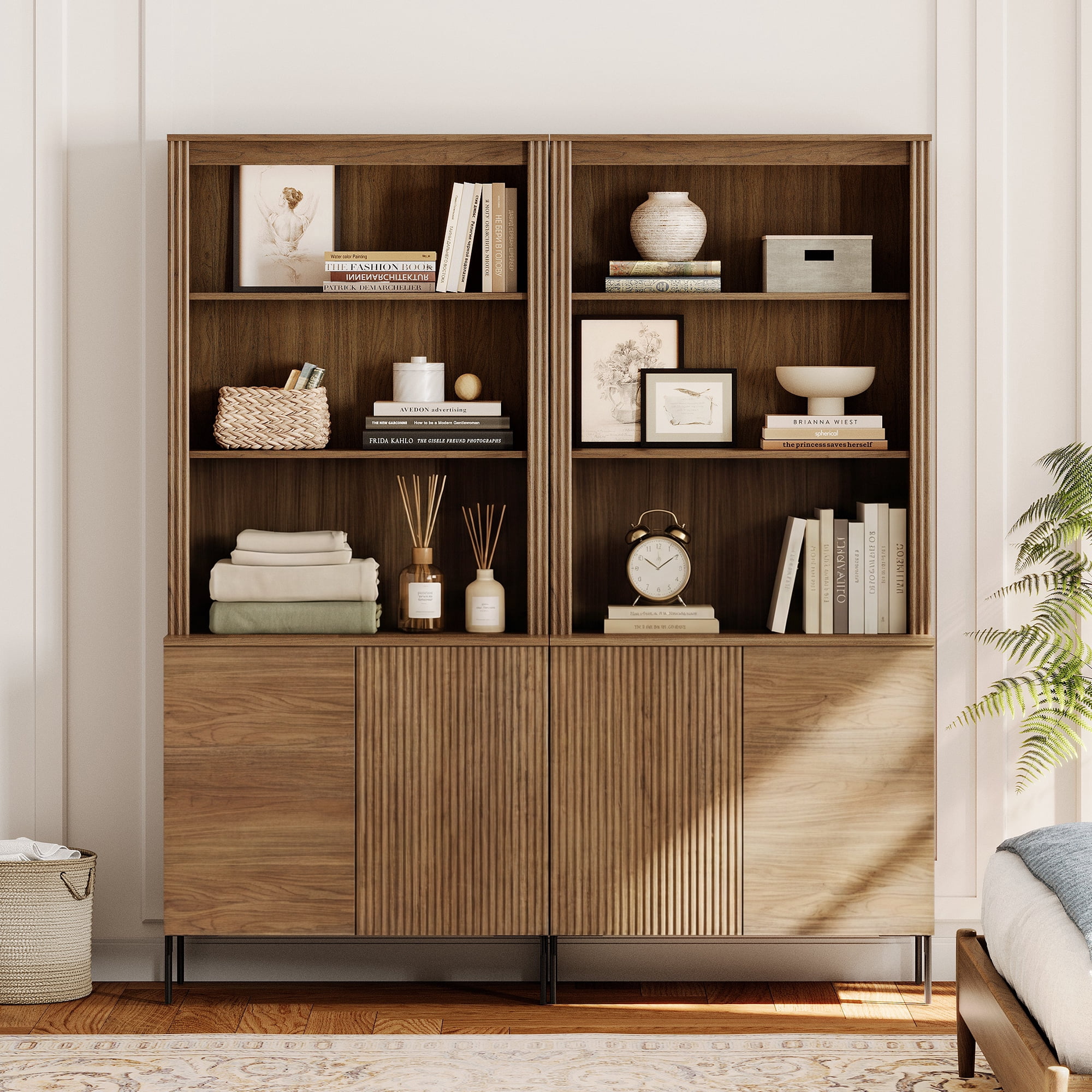 71.6"H X 60.4"W Set Of 2 Bookcase with Storage Cabinets, 10 Tier Bookshelf with Fluted Doors and Adjustable Shelves, Large Modern Display Cabinet For Living Room Bedroom Home Office Kitchen