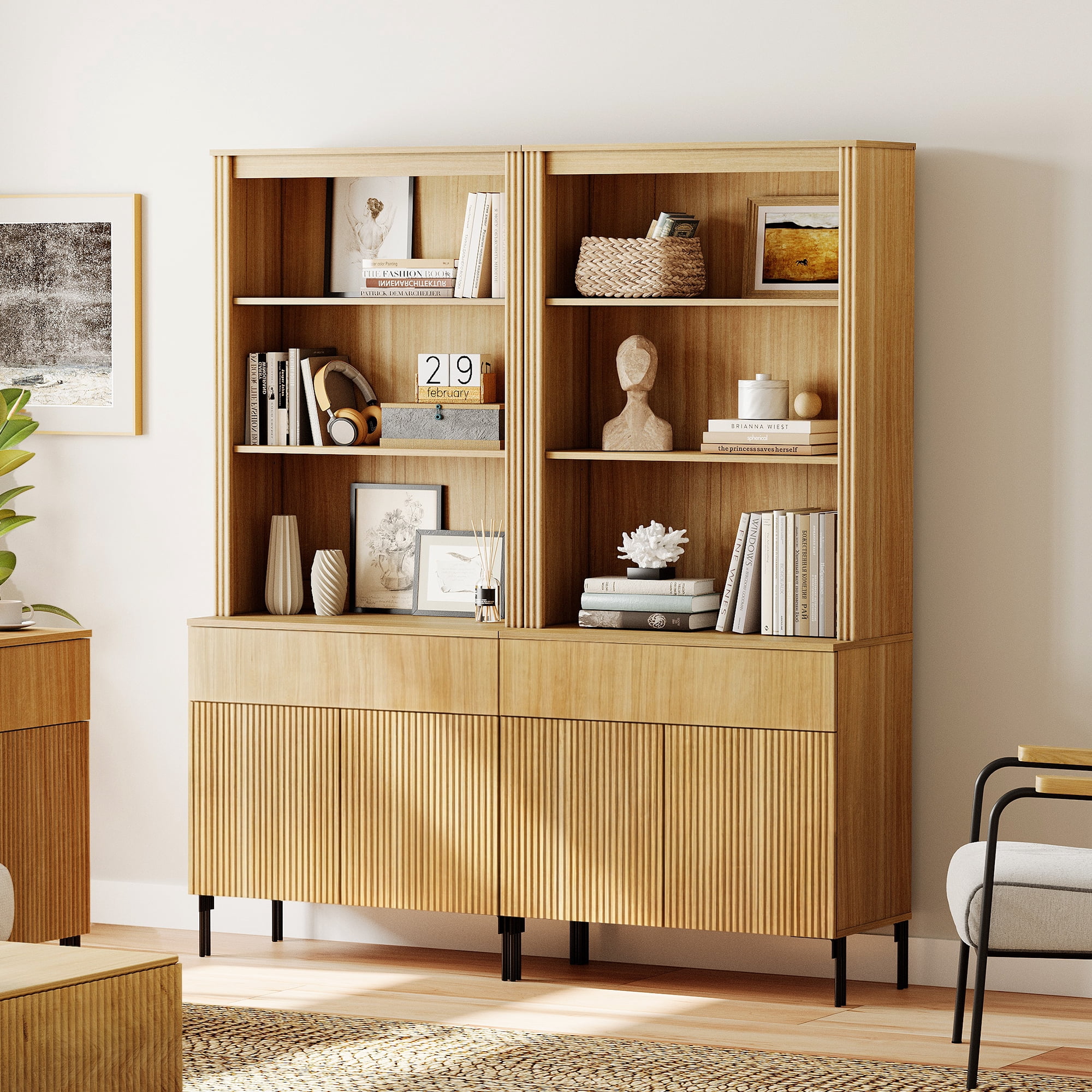71.6"H X 60.4"W Set Of 2 Bookcase with Storage Cabinets, 10 Tier Bookshelf with Fluted Doors and Drawers, Large Modern Display Cabinet For Living Room Bedroom Home Office Kitchen