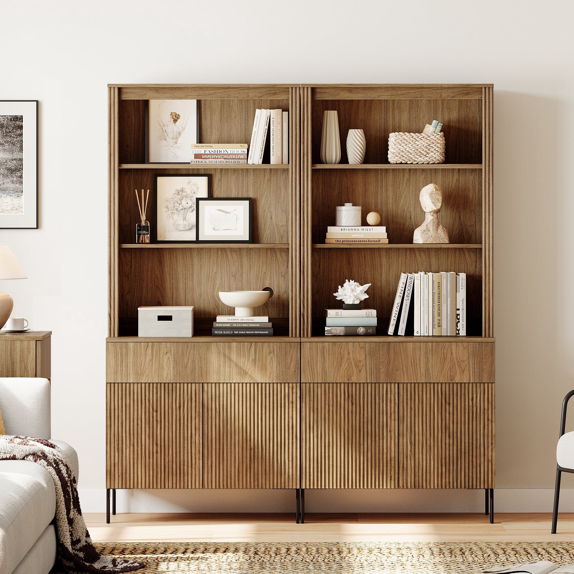 71.6"H X 60.4"W Set Of 2 Bookcase with Storage Cabinets, 10 Tier Bookshelf with Fluted Doors and Drawers, Large Modern Display Cabinet For Living Room Bedroom Home Office Kitchen