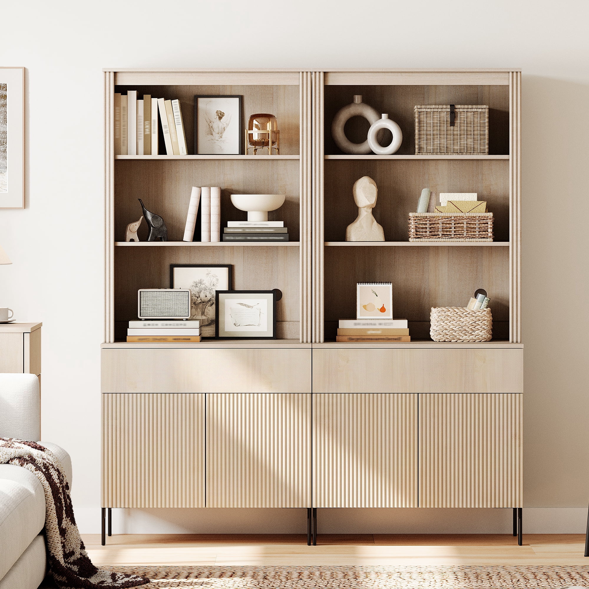 71.6"H X 60.4"W Set Of 2 Bookcase with Storage Cabinets, 10 Tier Bookshelf with Fluted Doors and Drawers, Large Modern Display Cabinet For Living Room Bedroom Home Office Kitchen