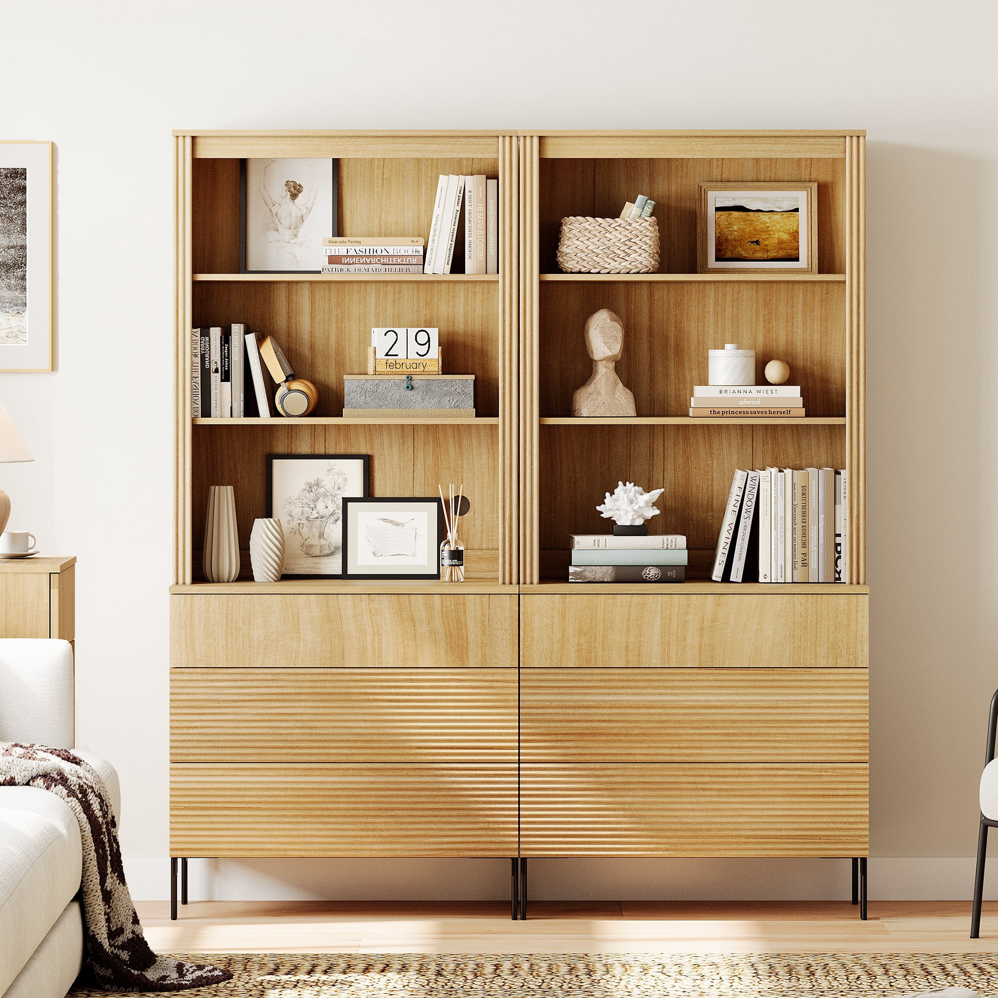 71.6"H X 60.4"W Set Of 2 Bookcase with Storage Cabinets, 6 Tier Bookshelf with Fluted Drawers and Adjustable Shelves, Large Modern Display Cabinet For Living Room Bedroom Home Office Kitchen