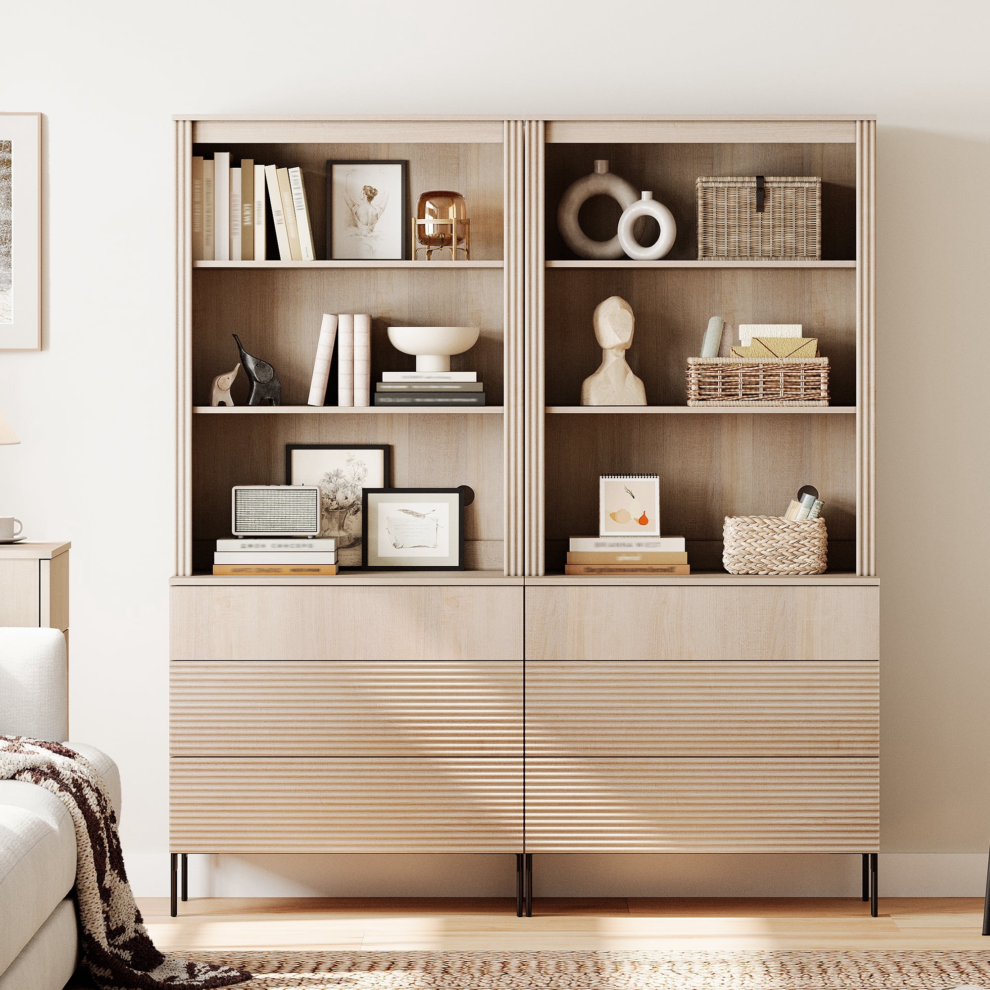 71.6"H X 60.4"W Set Of 2 Bookcase with Storage Cabinets, 6 Tier Bookshelf with Fluted Drawers and Adjustable Shelves, Large Modern Display Cabinet For Living Room Bedroom Home Office Kitchen