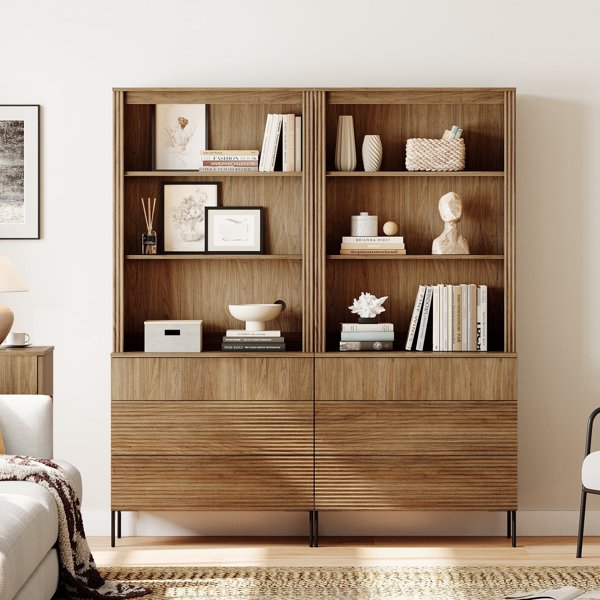 71.6"H X 60.4"W Set Of 2 Bookcase with Storage Cabinets, 6 Tier Bookshelf with Fluted Drawers and Adjustable Shelves, Large Modern Display Cabinet For Living Room Bedroom Home Office Kitchen
