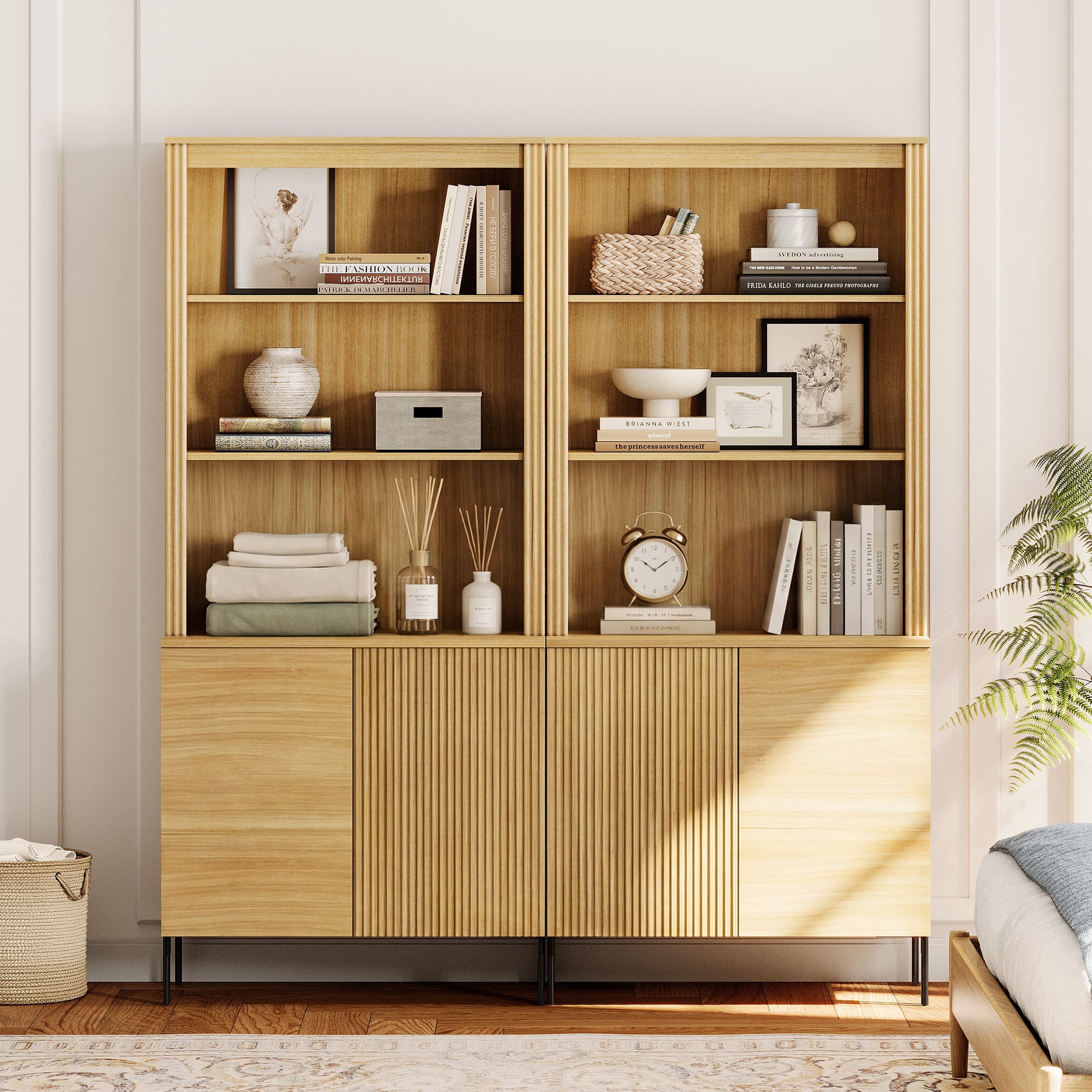 71.6"H X 60.4"W Set Of 2 Bookcase with Storage Cabinets, 10 Tier Bookshelf with Fluted Doors and Adjustable Shelves, Large Modern Display Cabinet For Living Room Bedroom Home Office Kitchen