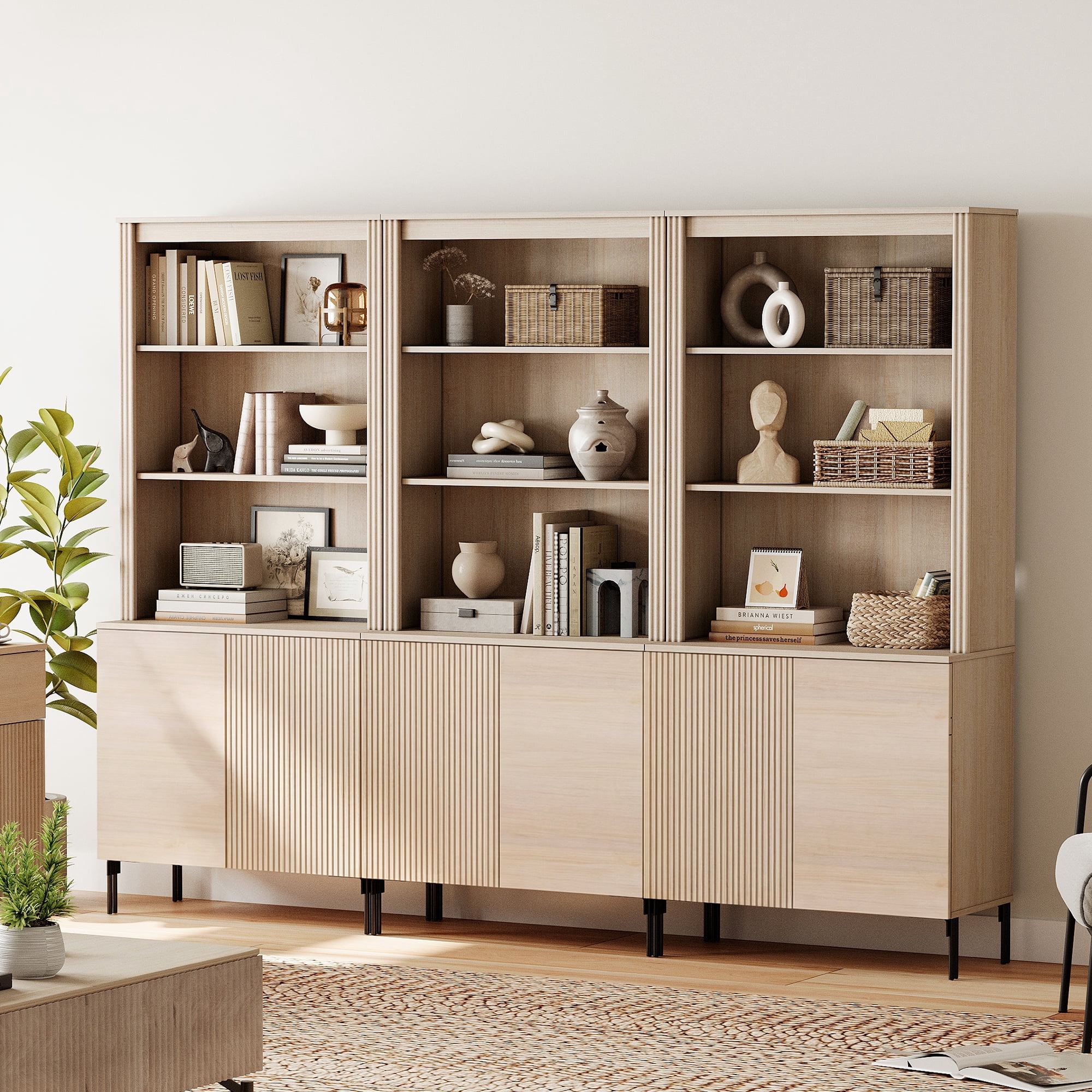 71.6"H X 94.5"W Set Of 3 Bookcase with Storage Cabinets, 15 Tier Bookshelf with Fluted Doors and Adjustable Shelves, Large Modern Display Cabinet For Living Room Bedroom Home Office Kitchen
