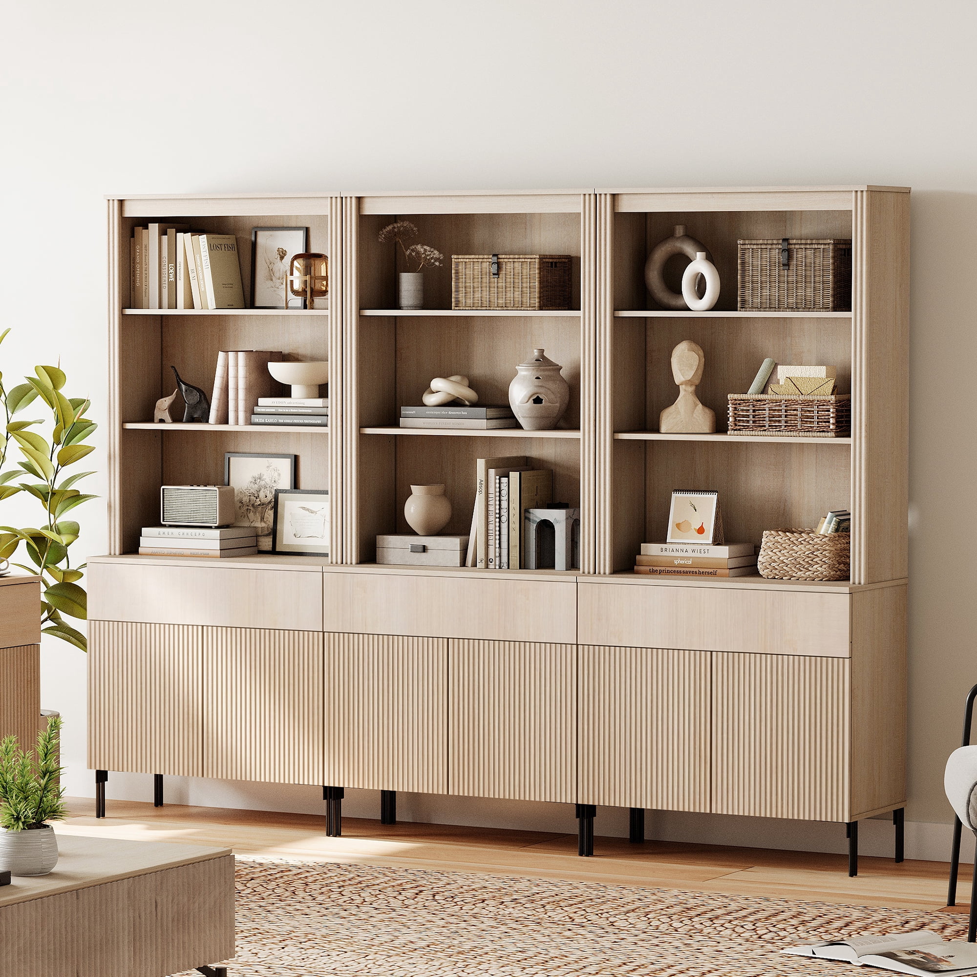 71.6"H X 94.5"W Set Of 3 Bookcase with Storage Cabinets, 15 Tier Bookshelf with Fluted Doors and Drawers, Large Modern Display Cabinet For Living Room Bedroom Home Office Kitchen