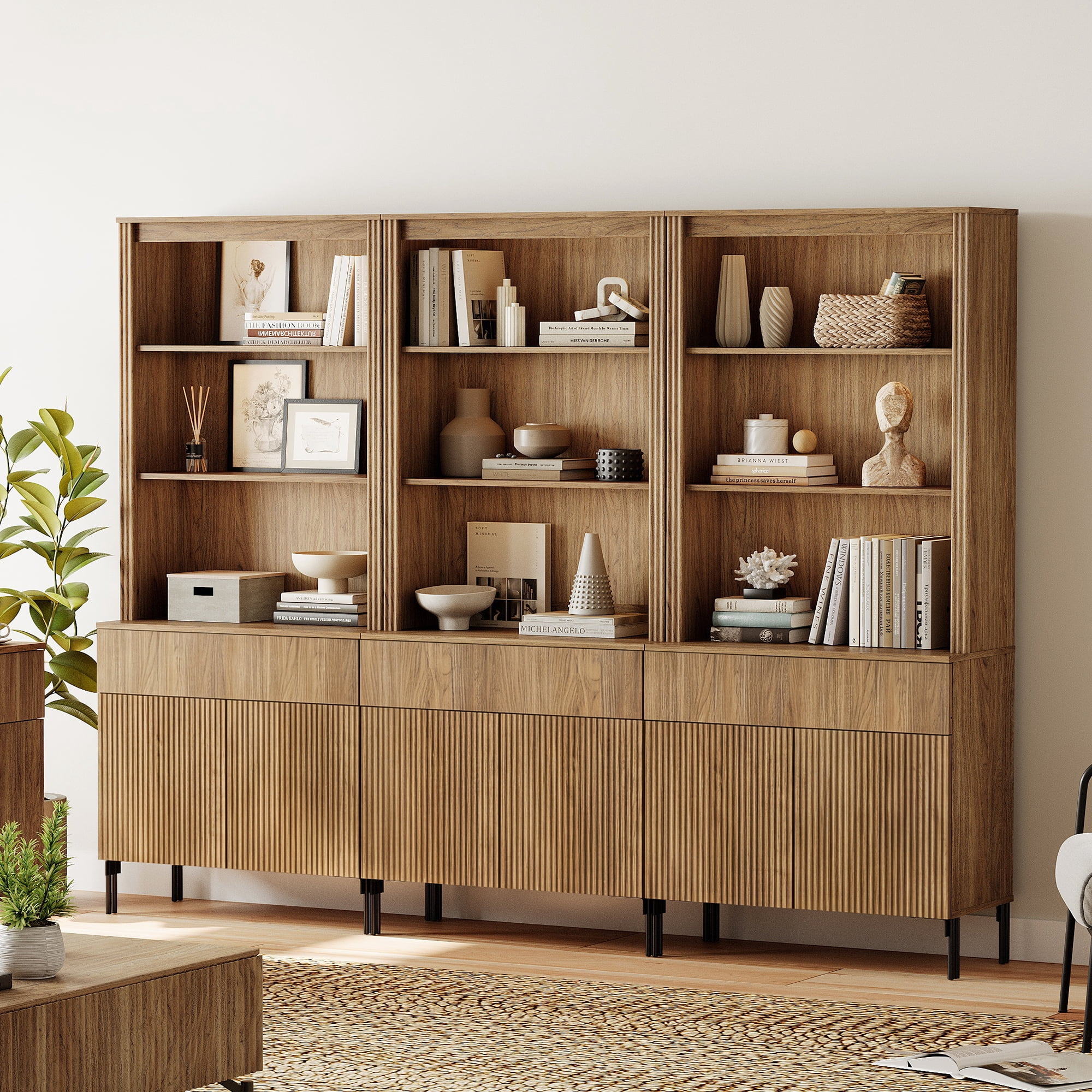 71.6"H X 94.5"W Set Of 3 Bookcase with Storage Cabinets, 15 Tier Bookshelf with Fluted Doors and Drawers, Large Modern Display Cabinet For Living Room Bedroom Home Office Kitchen