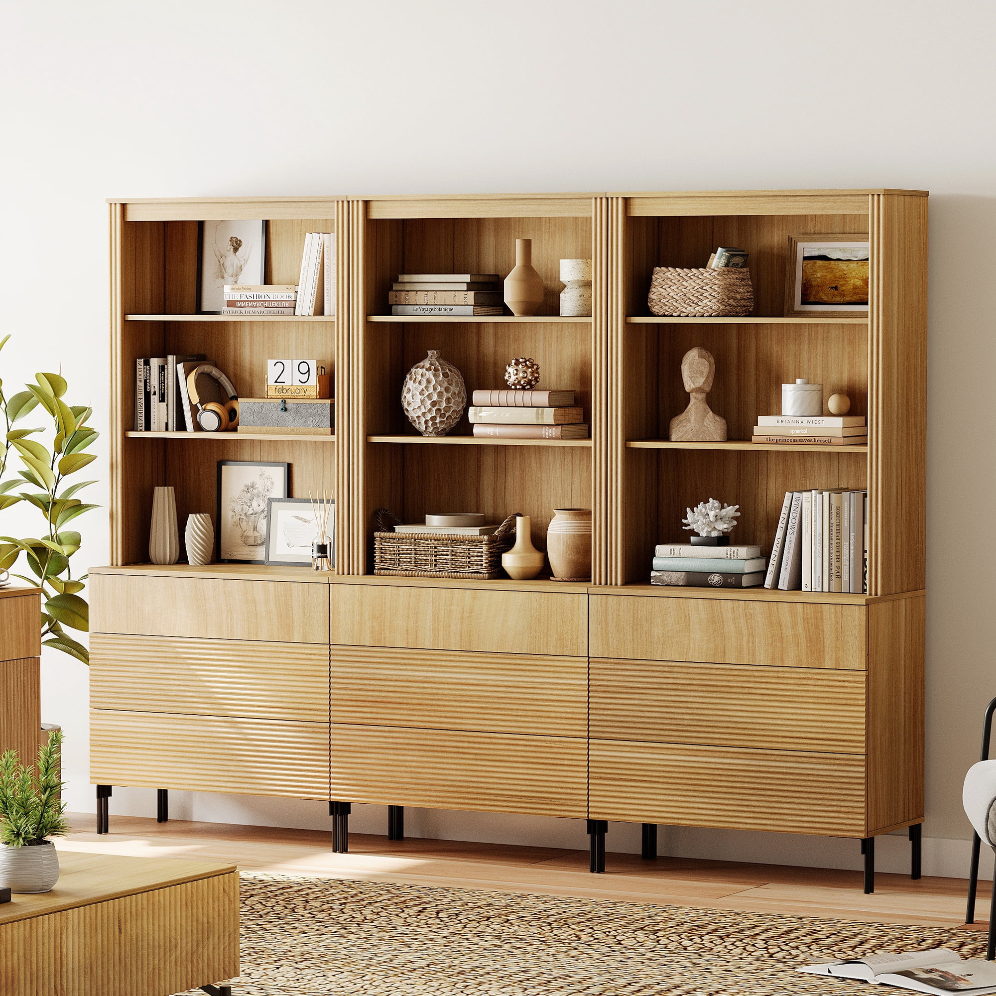 71.6"H X 94.5"W Set Of 3 Bookcase with Storage Cabinets, 9 Tier Bookshelf with Fluted Drawers and Adjustable Shelves, Large Modern Display Cabinet For Living Room Bedroom Home Office Kitchen
