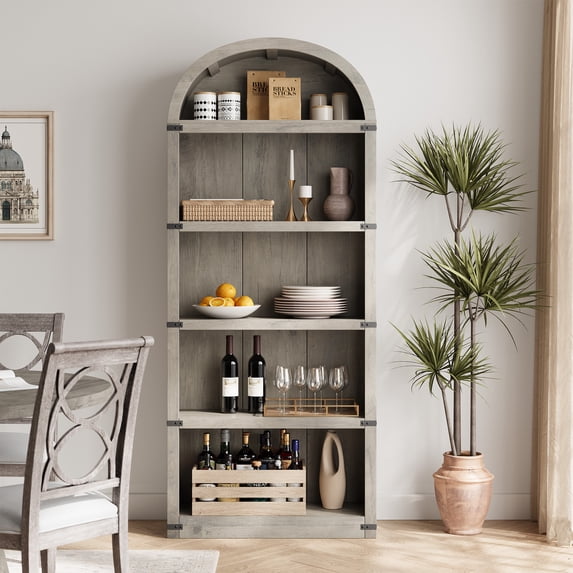 71.6" Tall Arched Bookcase with Doors, 5-Tier Farmhouse Bookshelf, Antique White Wooden Storage Cabinet for Living Room, Home Office, Narrow Display Rack for Small Spaces