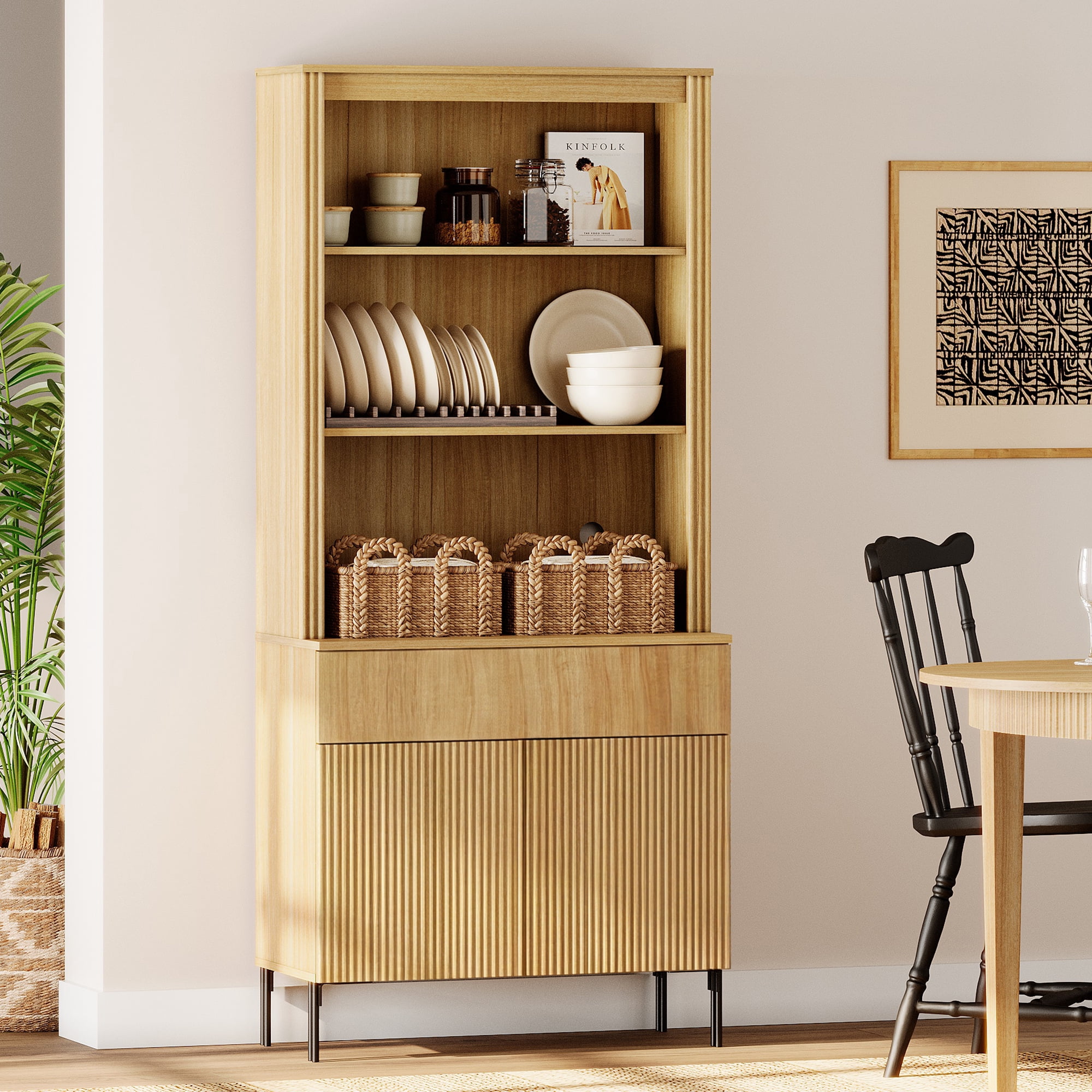 71.6" Tall Fluted Kitchen Pantry Cabinet with Drawer, Wood Bookcase Display Cabinet with Doors and Adjustable Shelves, Modern Versatile Cupboard For Dining Room, Bedroom