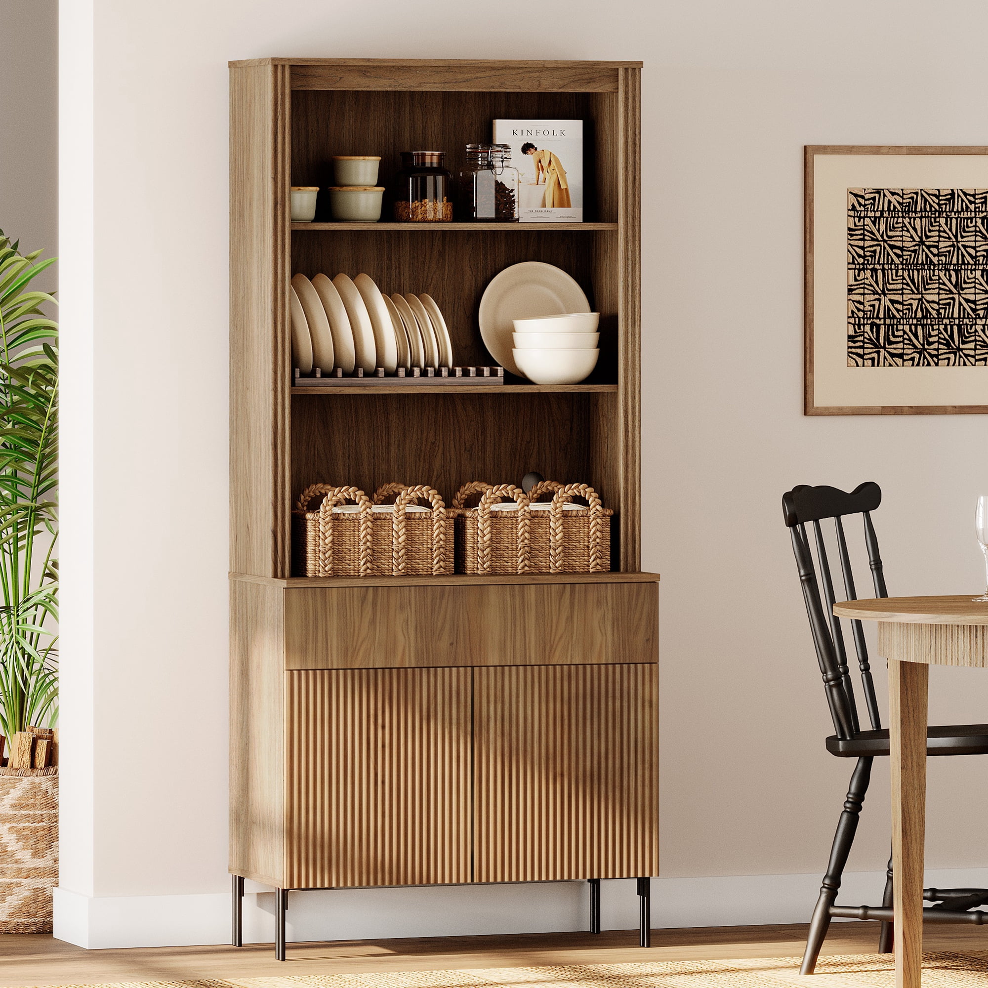 71.6" Tall Fluted Kitchen Pantry Cabinet with Drawer, Wood Bookcase Display Cabinet with Doors and Adjustable Shelves, Modern Versatile Cupboard For Dining Room, Bedroom