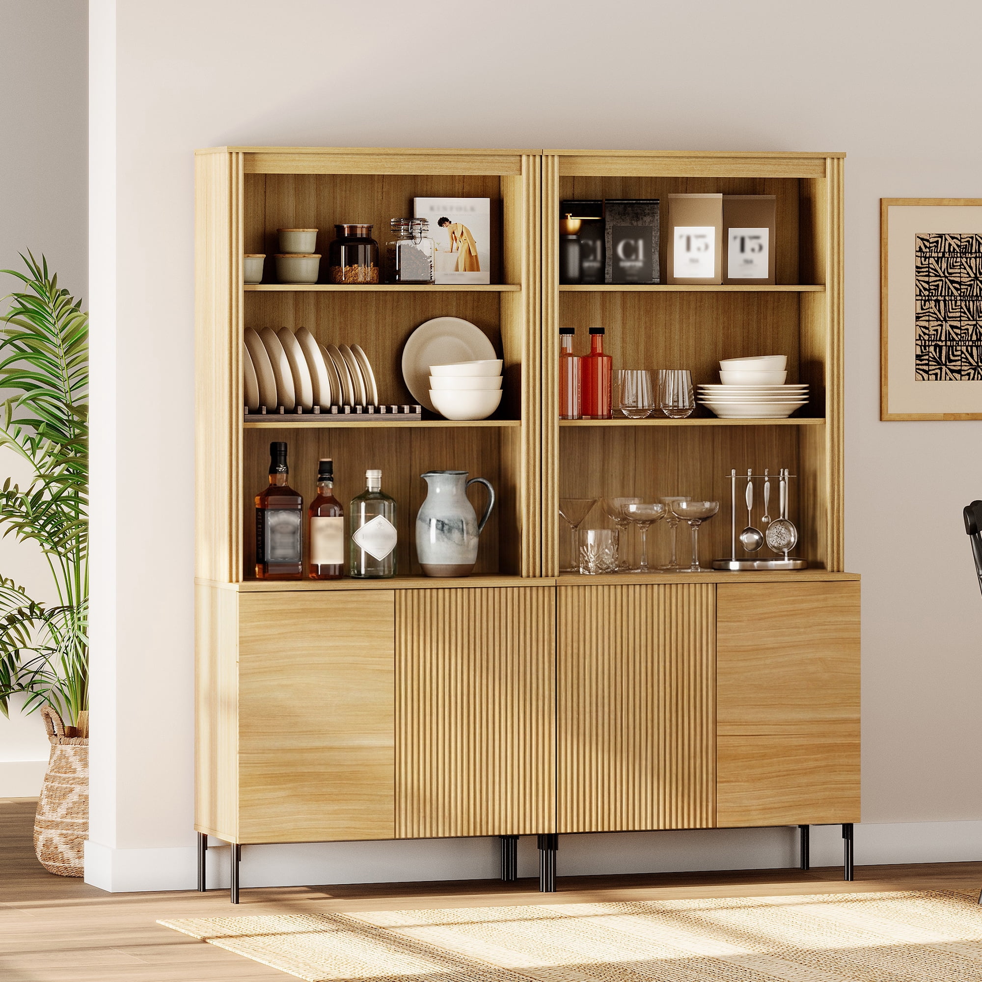 71.6" Tall Fluted Kitchen Pantry Cabinet(Set of 2), Wood Bookcase Display Cabinet with Doors and Adjustable Shelves, Modern Versatile Cupboard For Dining Room, Bedroom