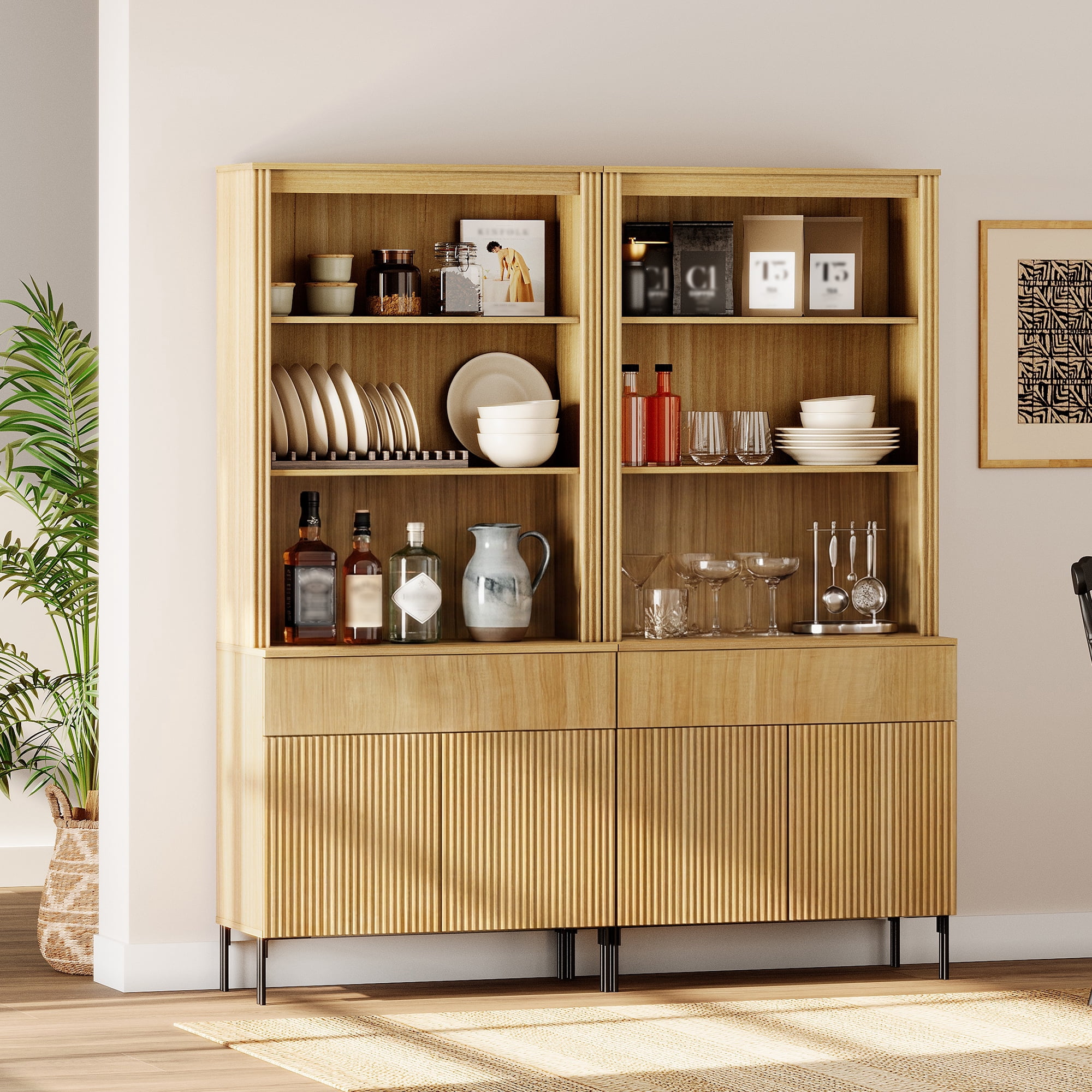 71.6" Tall Fluted Kitchen Pantry Cabinet Set of 2, Wood Bookcase Display Cabinet with Doors and Adjustable Shelves, Modern Versatile Cupboard For Dining Room, Bedroom