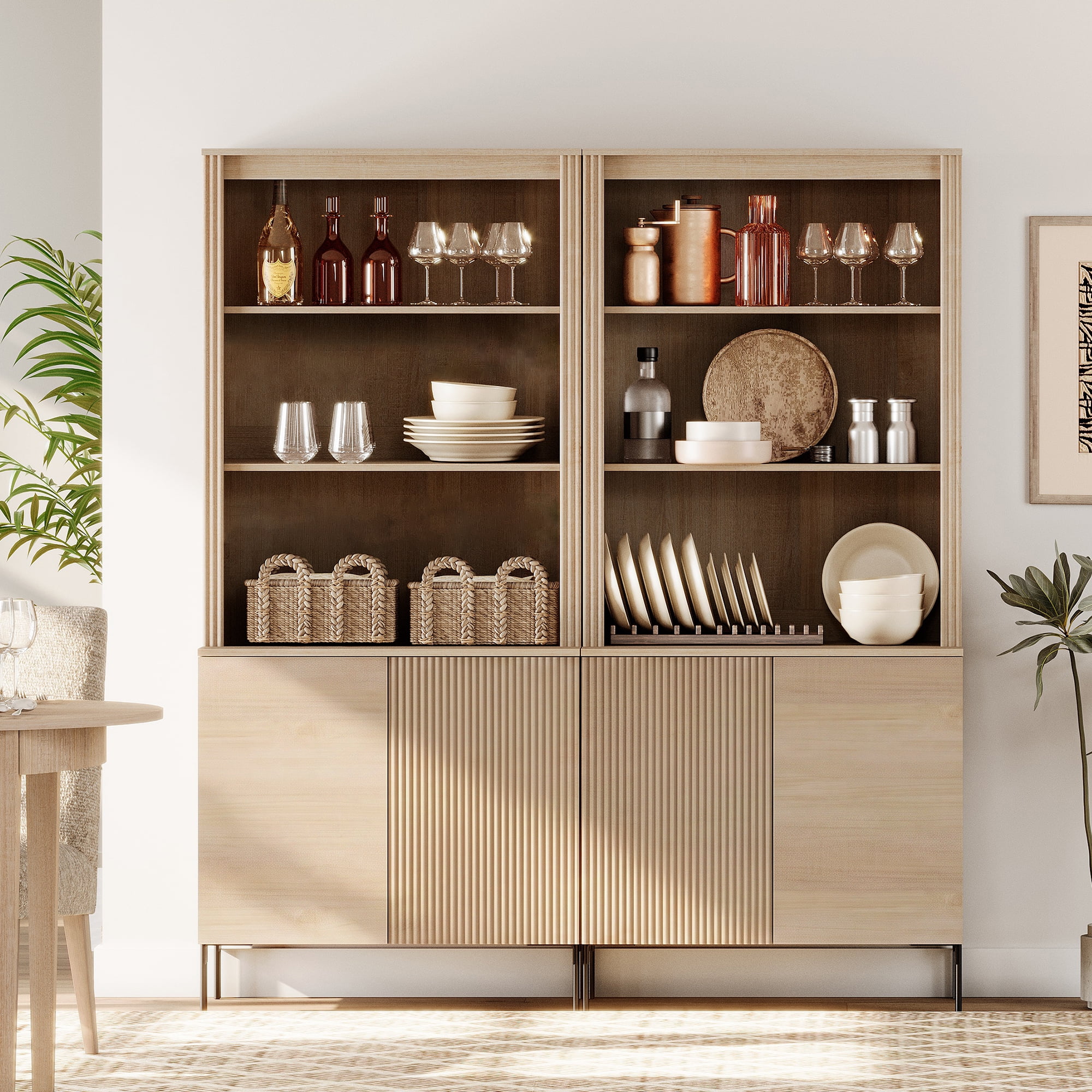 71.6" Tall Fluted Kitchen Pantry Cabinet(Set of 2), Wood Bookcase Display Cabinet with Doors and Adjustable Shelves, Modern Versatile Cupboard For Dining Room, Bedroom