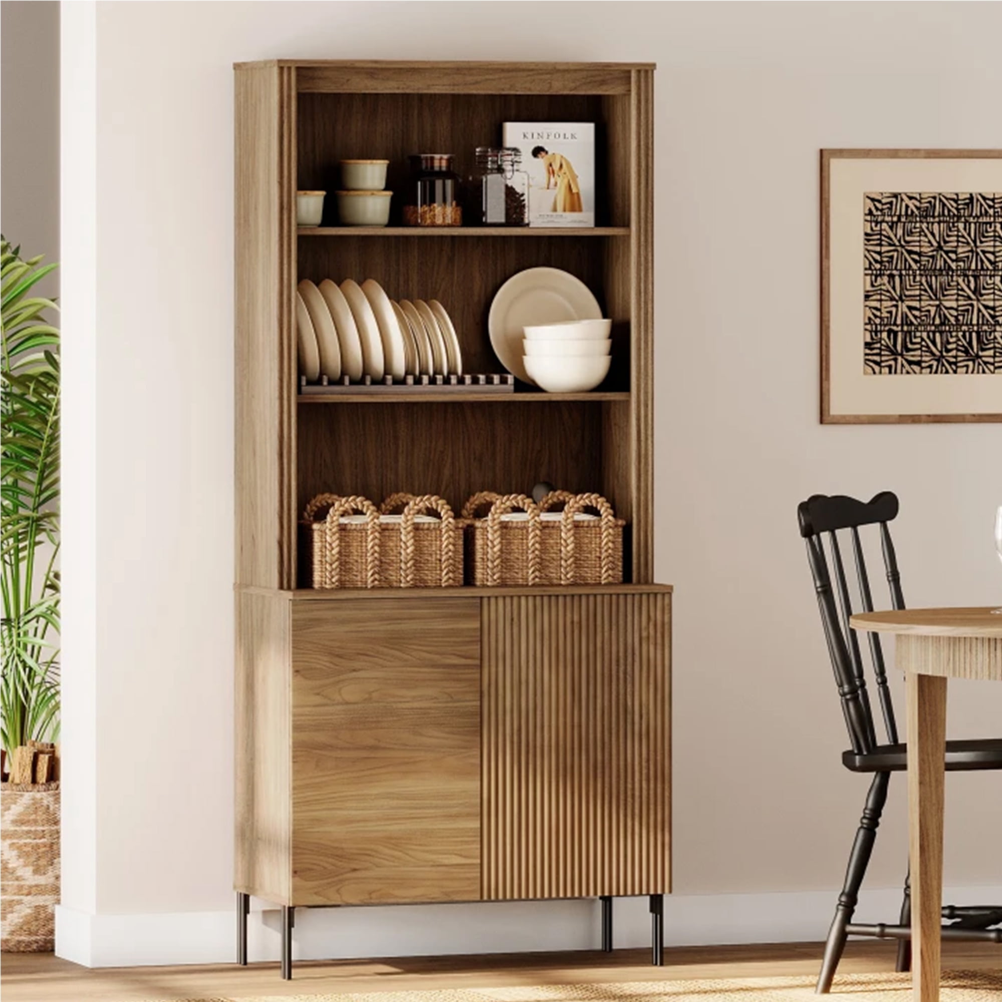 71.6" Tall Fluted Kitchen Pantry Cabinet, Wood Bookcase Display Cabinet with Doors and Adjustable Shelves, Modern Versatile Cupboard For Dining Room, Bedroom