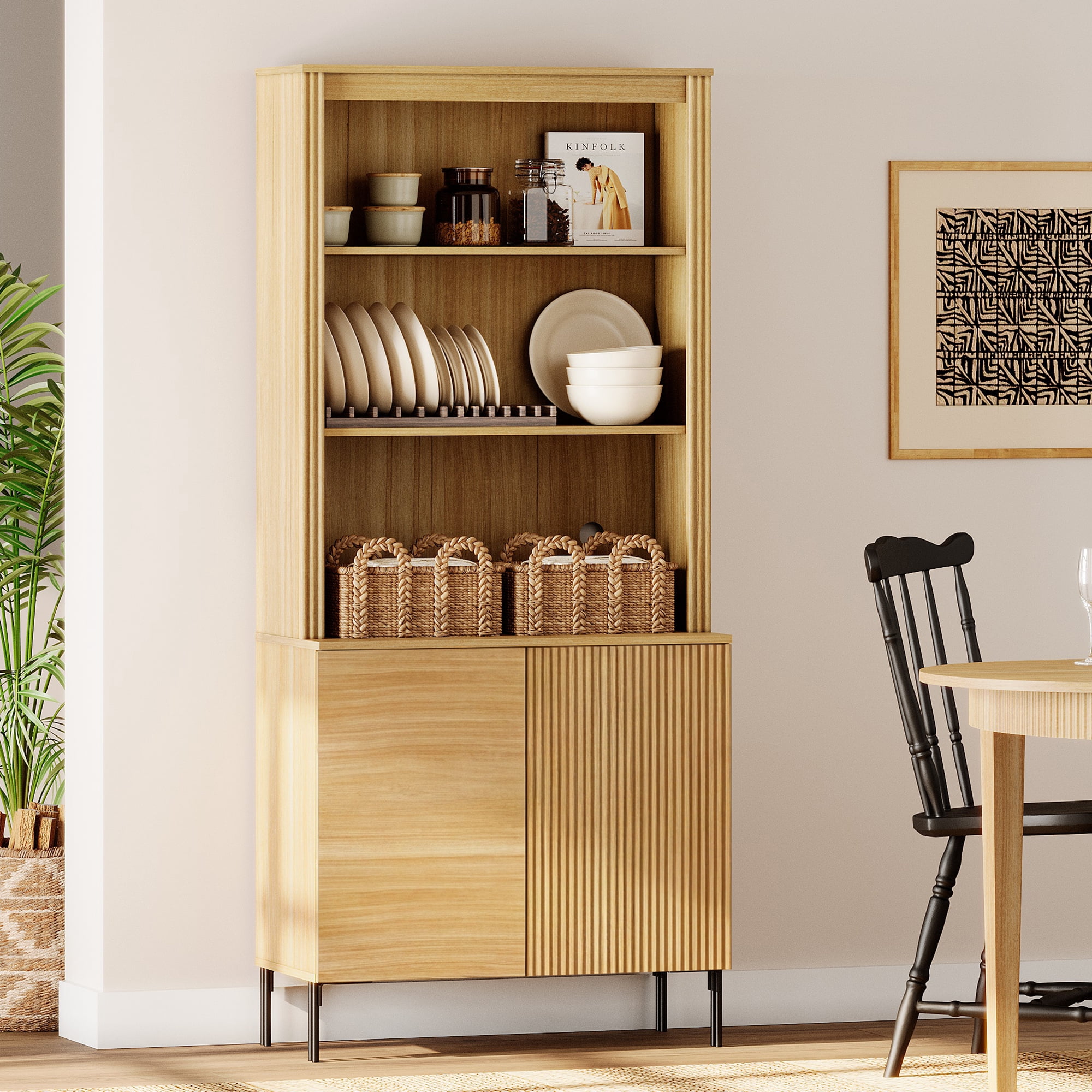 71.6" Tall Fluted Kitchen Pantry Cabinet, Wood Bookcase Display Cabinet with Doors and Adjustable Shelves, Modern Versatile Cupboard For Dining Room, Bedroom