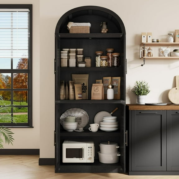 71.6”Tall Kitchen Pantry Cabinet, Modern Arched Wood Storage Cabinet with Doors and 5 Shelves, Versatile Cupboard for Kitchen, Dining Room, Bathroom