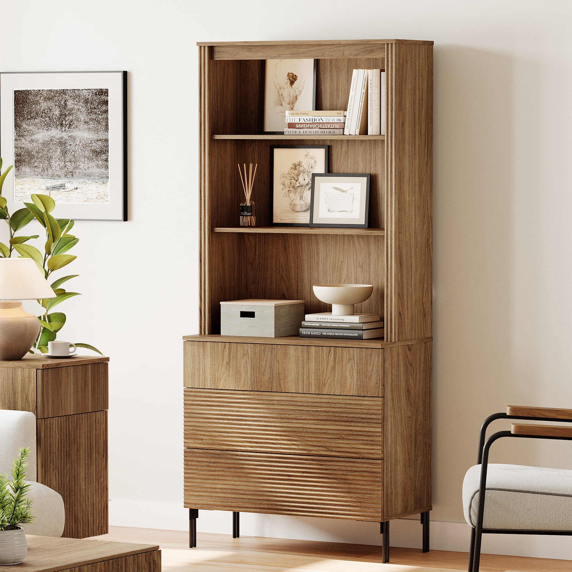 71.6" Tall Modern 3 Tier Bookcase with Storage Cabinet, Wooden Display Cabinet with Fluted Drawers and Adjustable Shelves, Versatile Bookshelf for Living Room, Study, Office