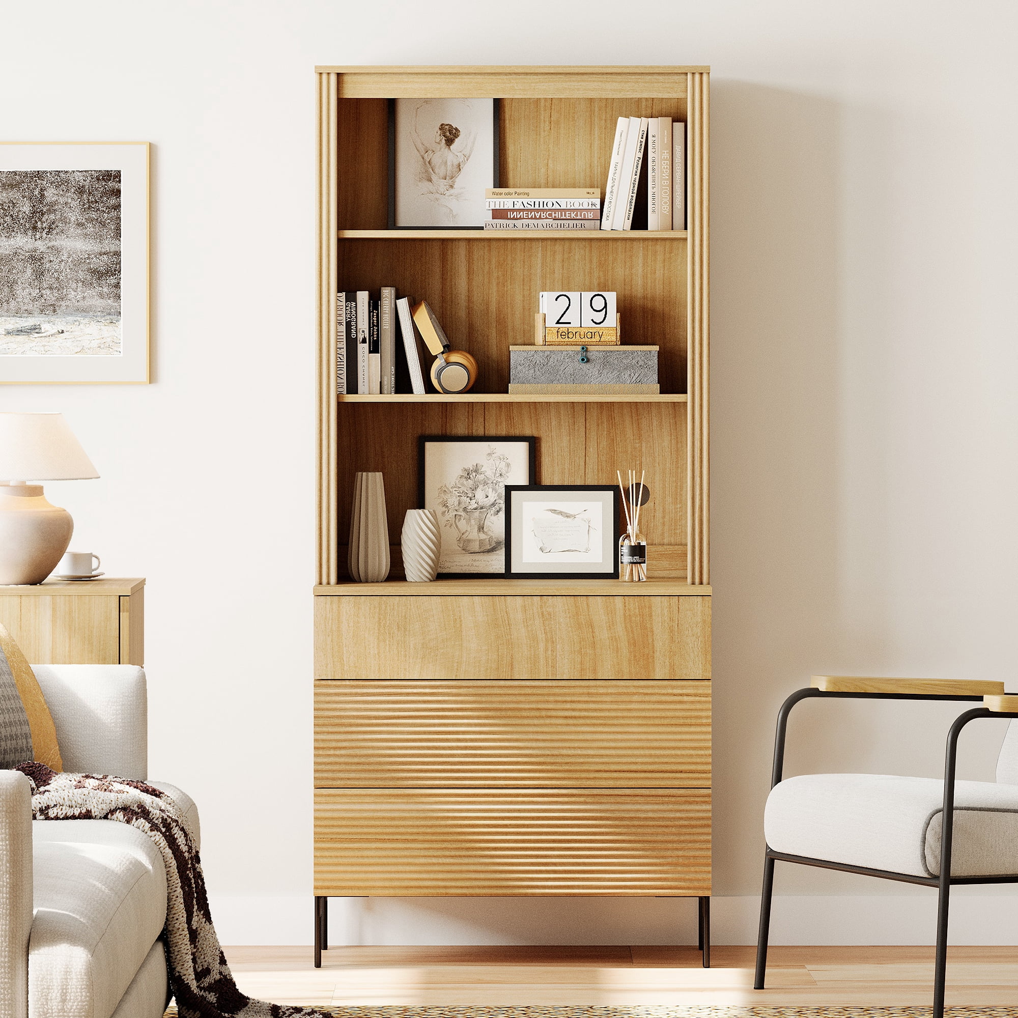 71.6" Tall Modern 3 Tier Bookcase with Storage Cabinet, Wooden Display Cabinet with Fluted Drawers and Adjustable Shelves, Versatile Bookshelf for Living Room, Study, Office