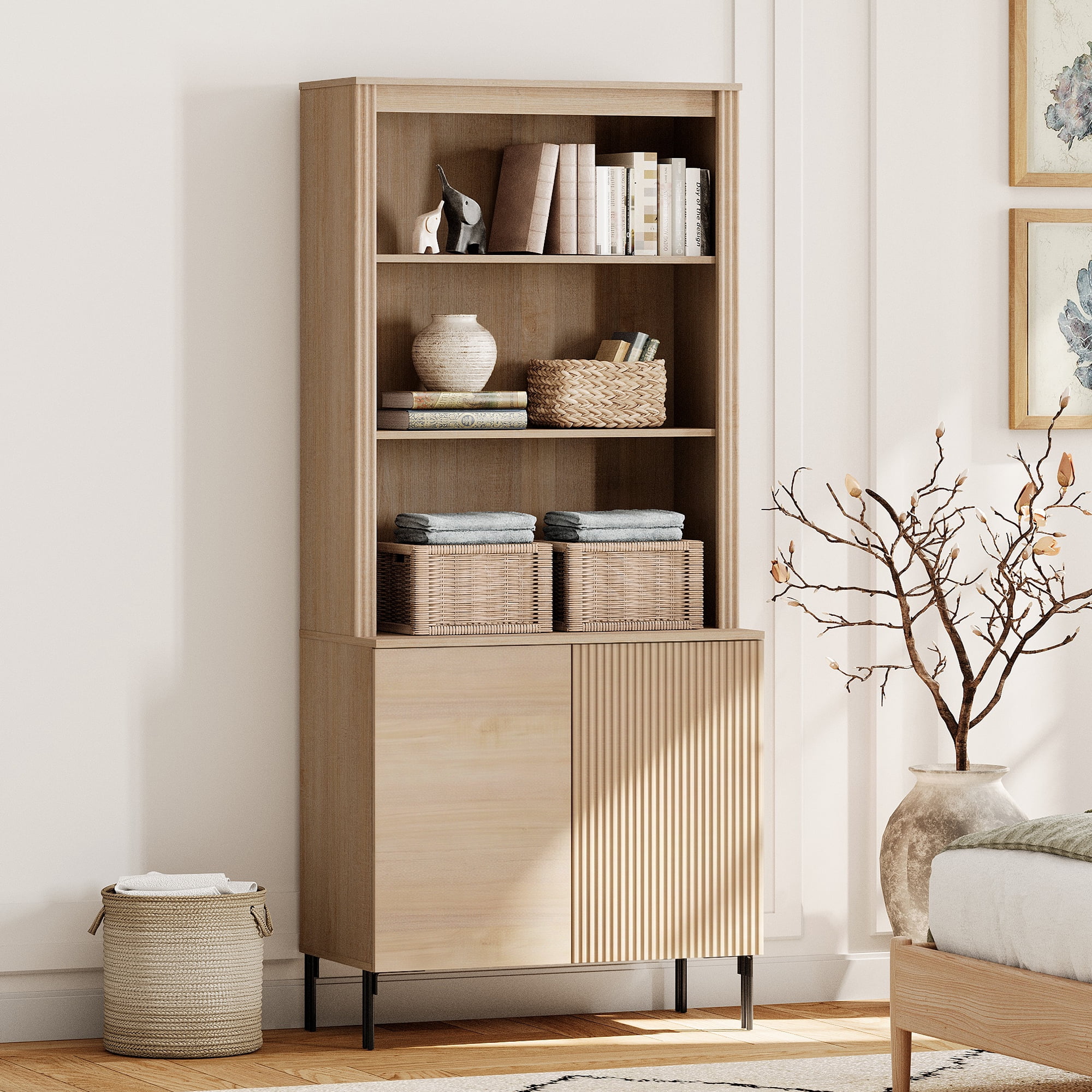 71.6" Tall Modern 5 Tier Bookcase with Storage Cabinet, Wooden Display Cabinet with Fluted Doors and Adjustable Shelves, Versatile Bookshelf for Living Room, Study, Office