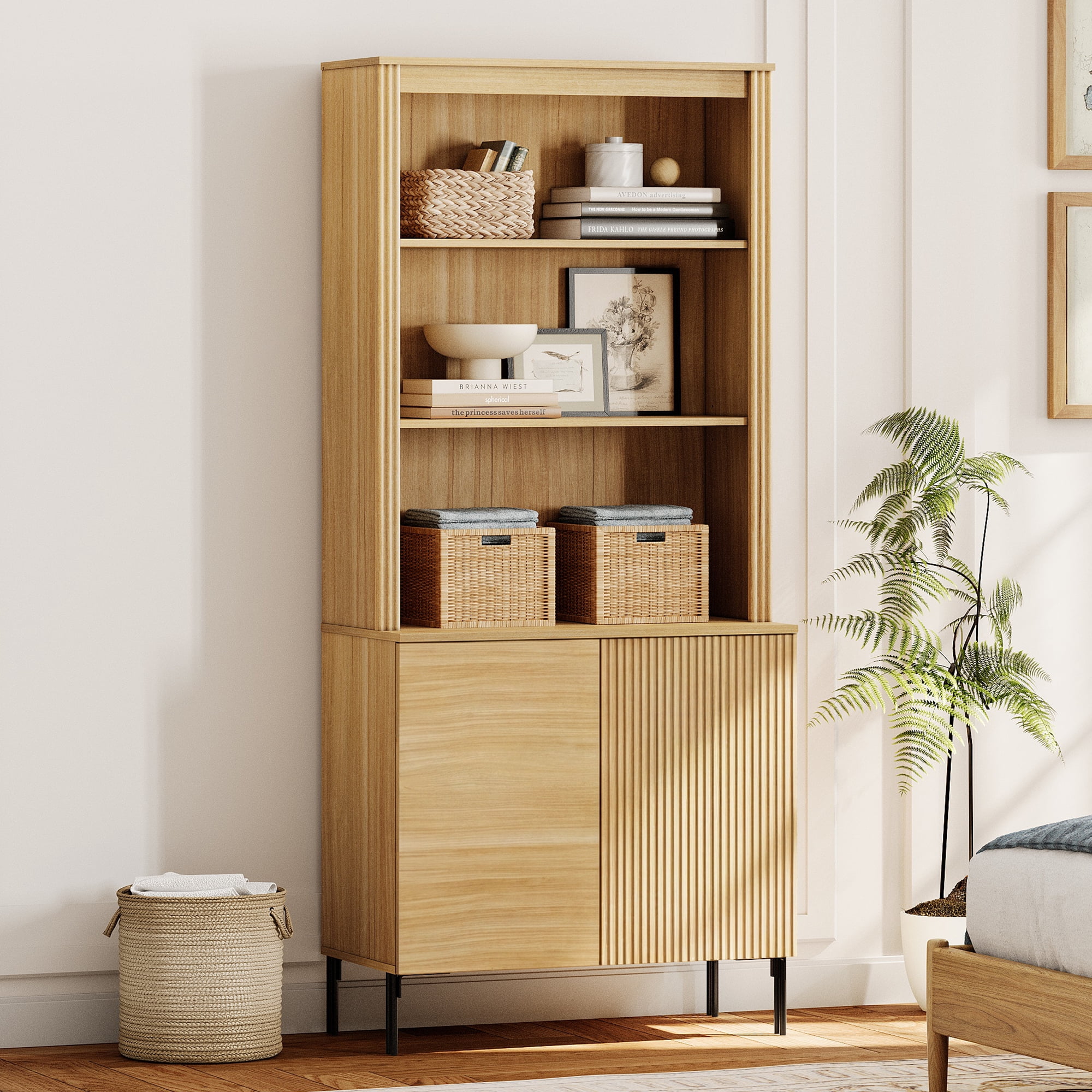 71.6" Tall Modern 5 Tier Bookcase with Storage Cabinet, Wooden Display Cabinet with Fluted Doors and Adjustable Shelves, Versatile Bookshelf for Living Room, Study, Office