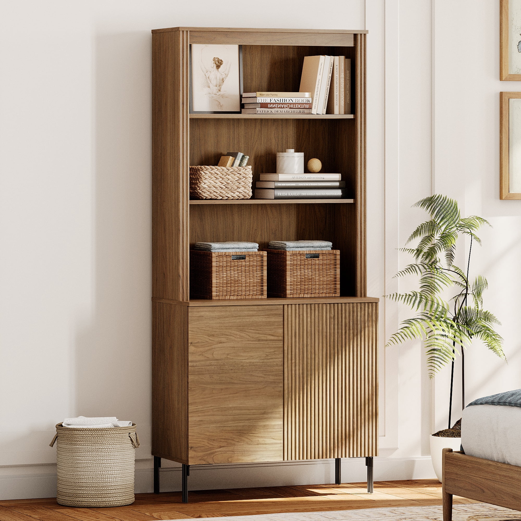 71.6" Tall Modern 5 Tier Bookcase with Storage Cabinet, Wooden Display Cabinet with Fluted Doors and Adjustable Shelves, Versatile Bookshelf for Living Room, Study, Office